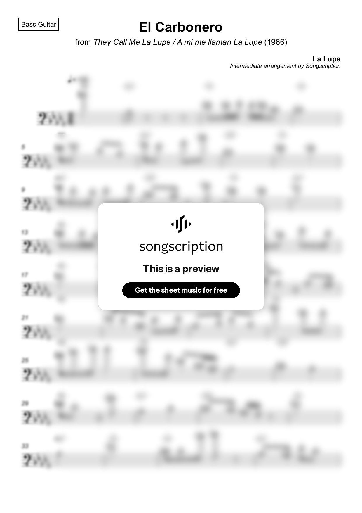 Intermediate Bass Guitar Sheet Music for "El Carbonero" by La Lupe