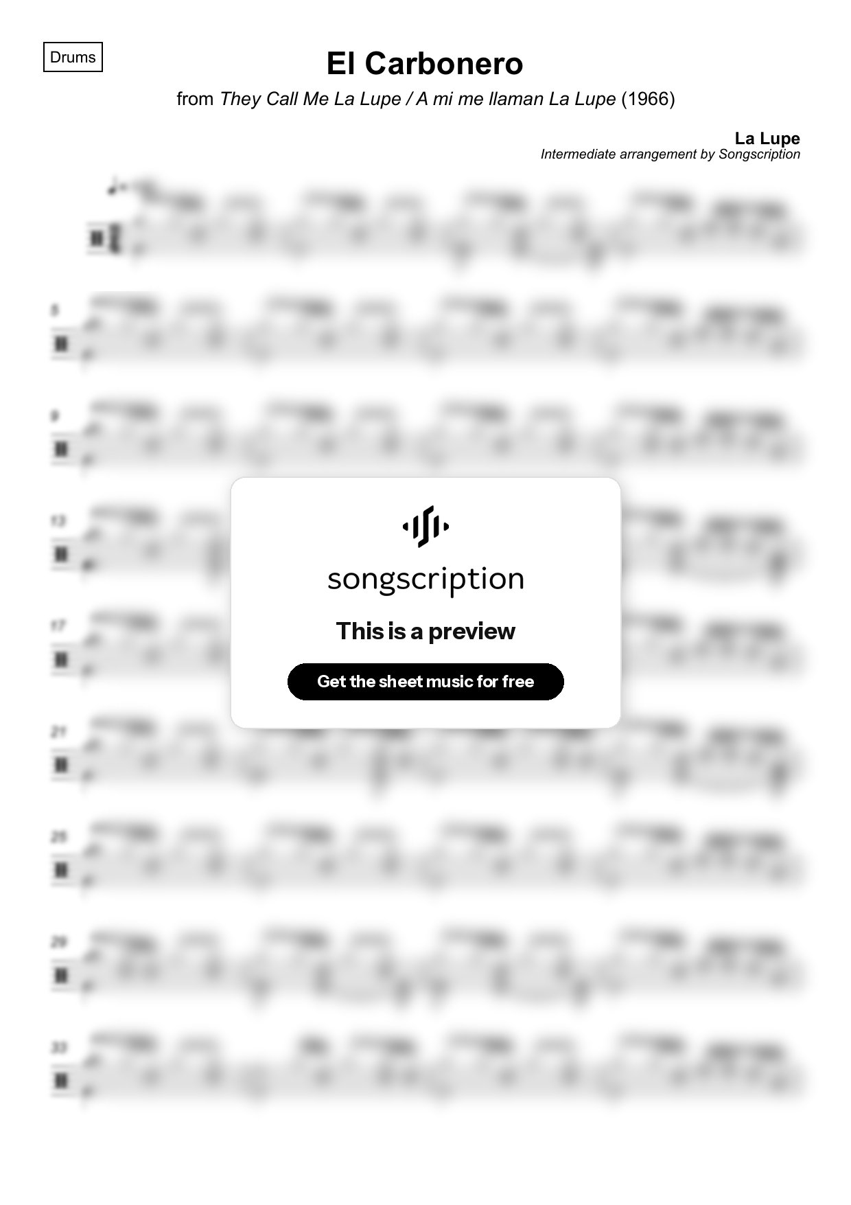 Intermediate Drums Sheet Music for "El Carbonero" by La Lupe