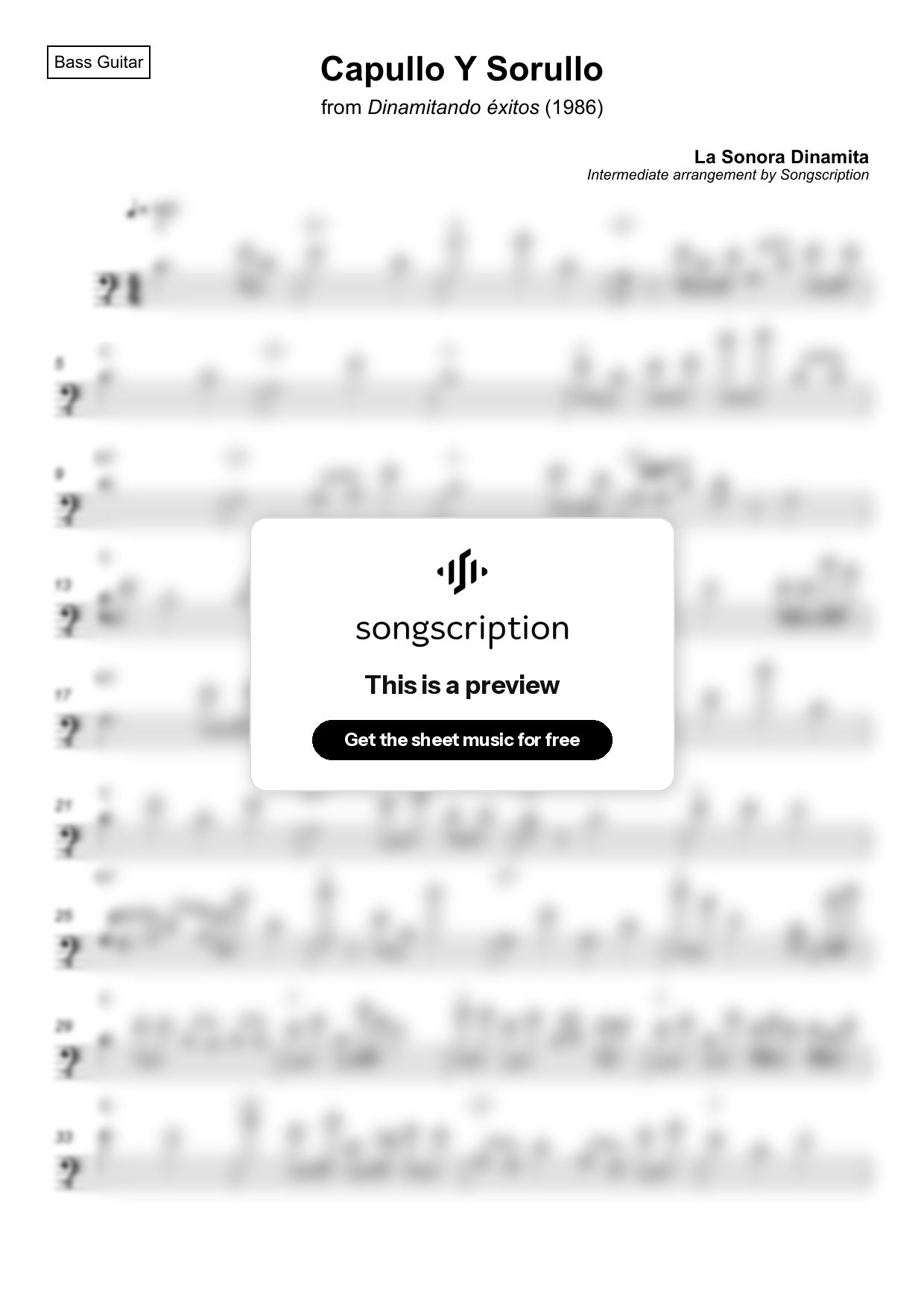Intermediate Bass Guitar Sheet Music for "Capullo Y Sorullo" by La Sonora Dinamita