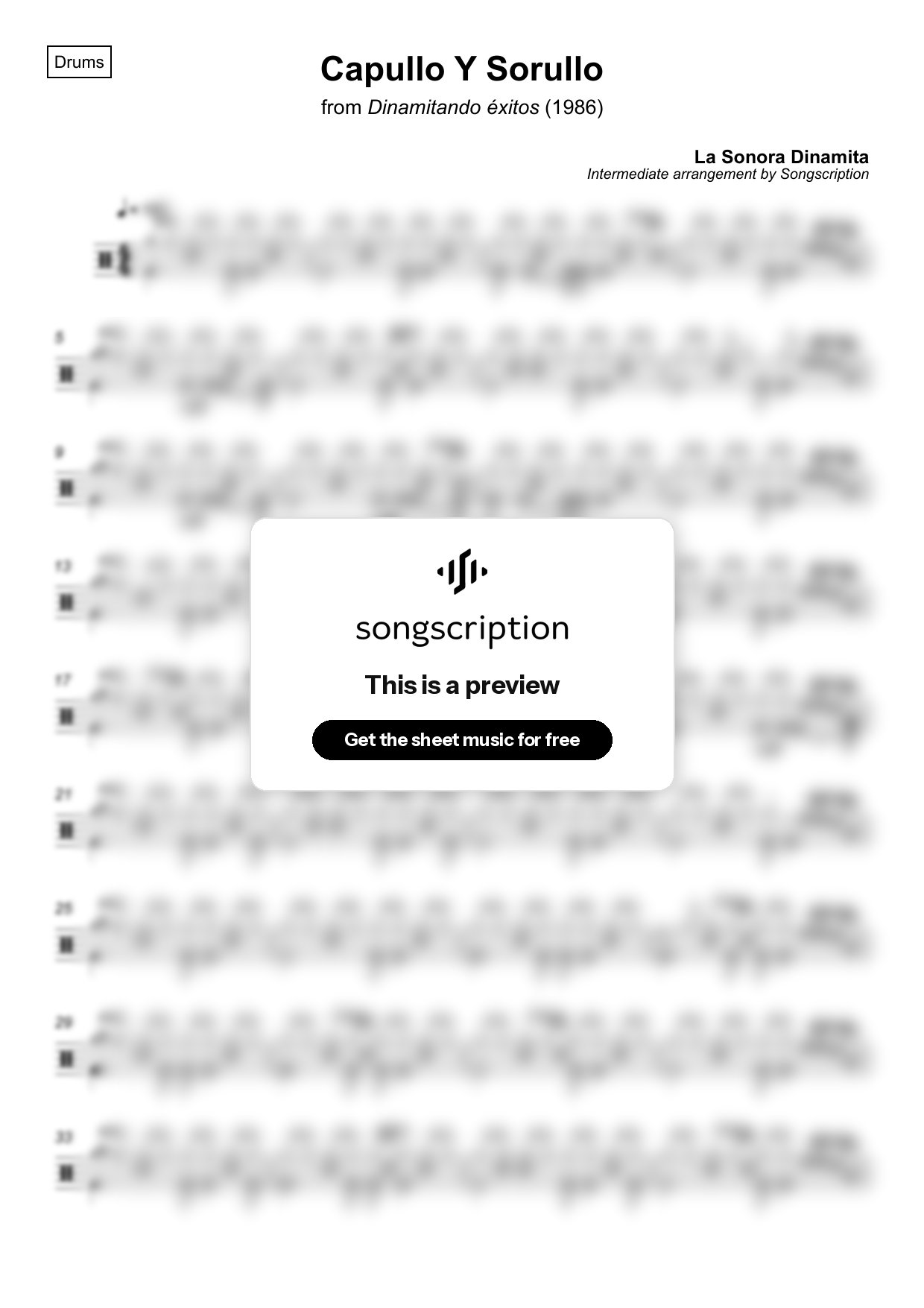 Intermediate Drums Sheet Music for "Capullo Y Sorullo" by La Sonora Dinamita