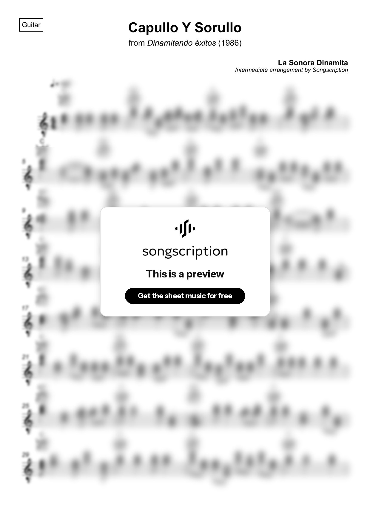 Intermediate Acoustic Guitar Sheet Music for "Capullo Y Sorullo" by La Sonora Dinamita