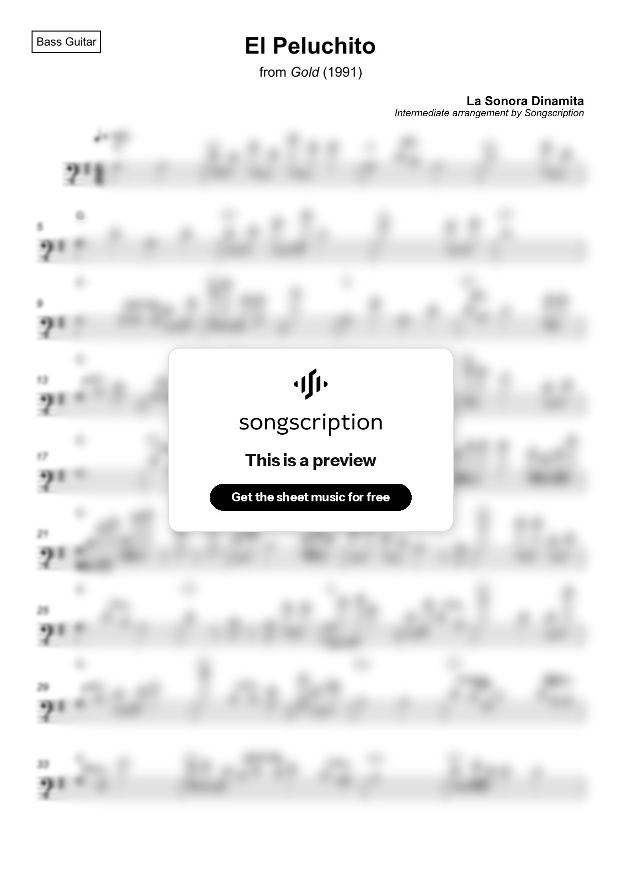 Intermediate Bass Guitar Sheet Music for "El Peluchito" by La Sonora Dinamita