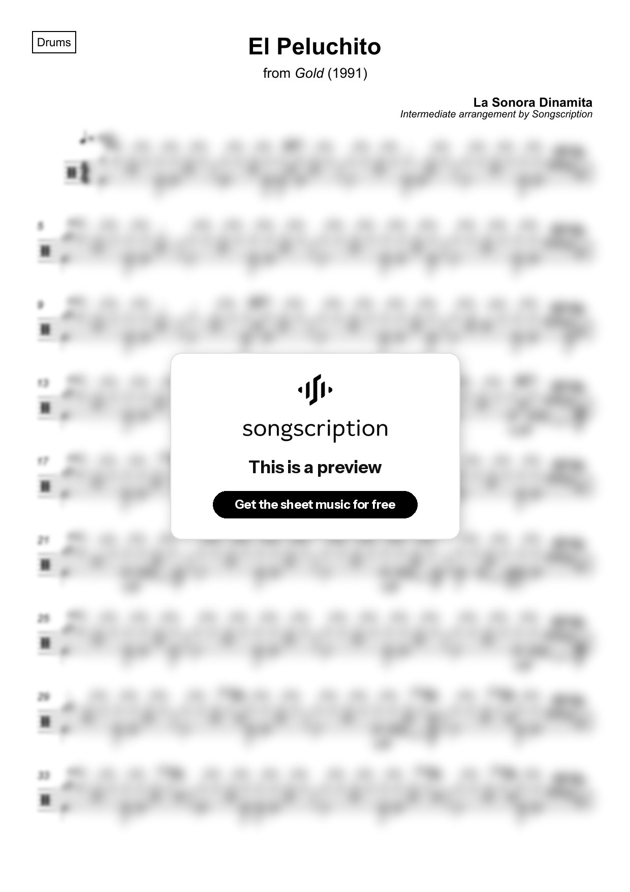 Intermediate Drums Sheet Music for "El Peluchito" by La Sonora Dinamita