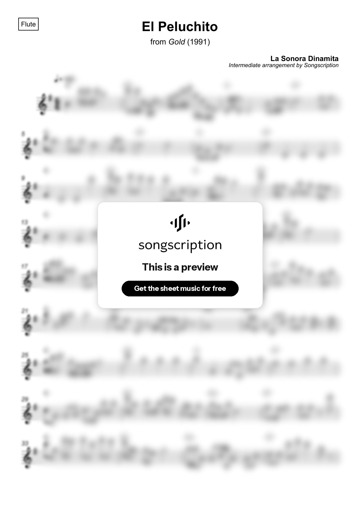 Intermediate Flute Sheet Music for "El Peluchito" by La Sonora Dinamita