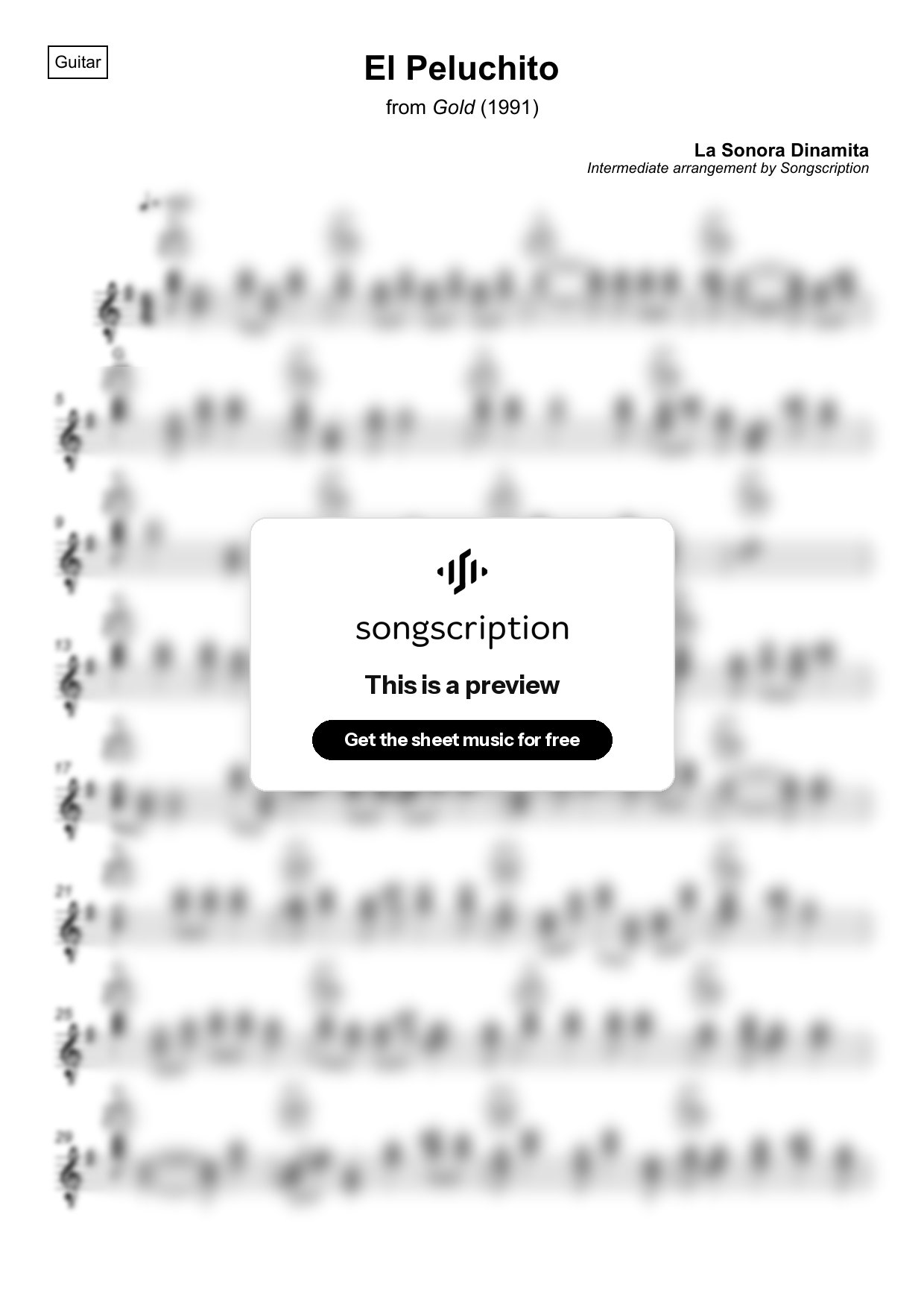 Intermediate Acoustic Guitar Sheet Music for "El Peluchito" by La Sonora Dinamita