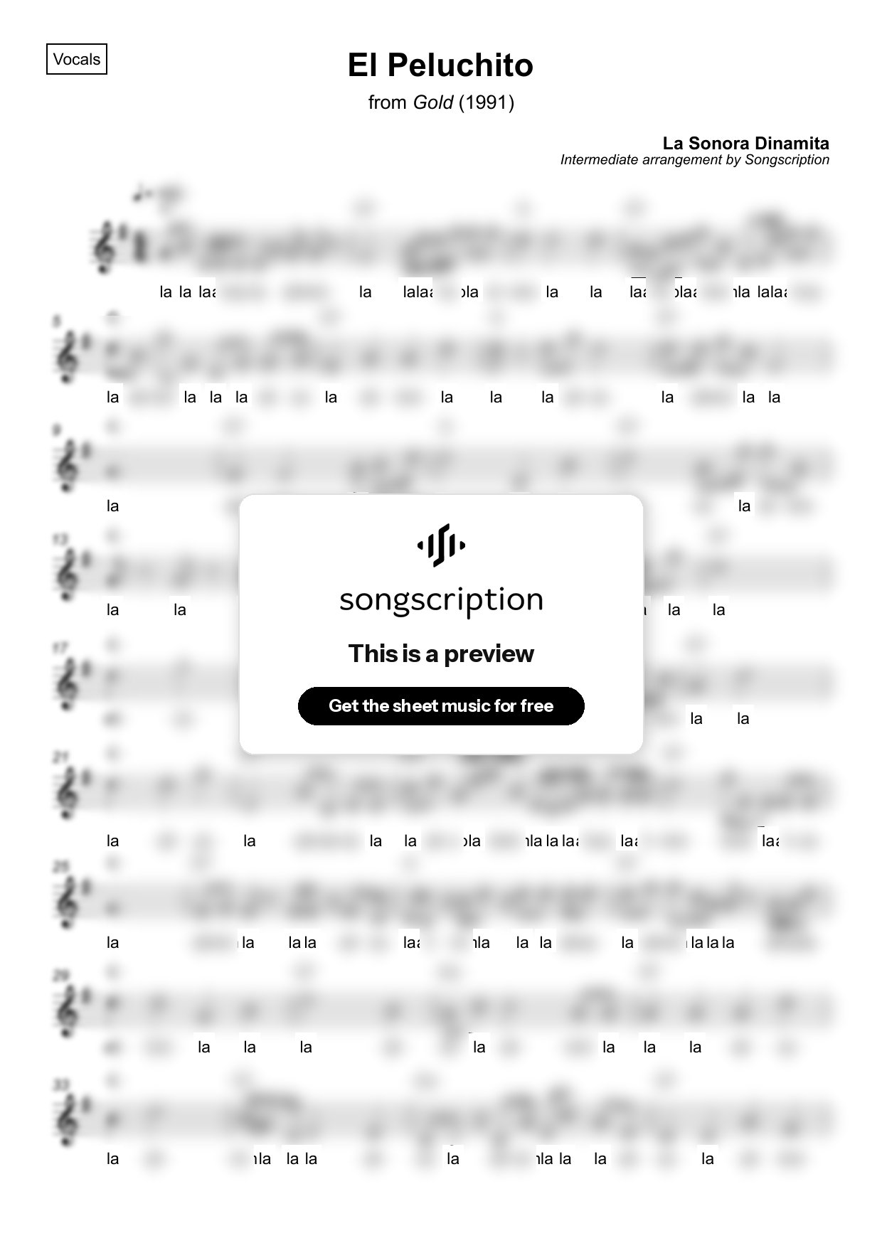 Intermediate Vocals Sheet Music for "El Peluchito" by La Sonora Dinamita
