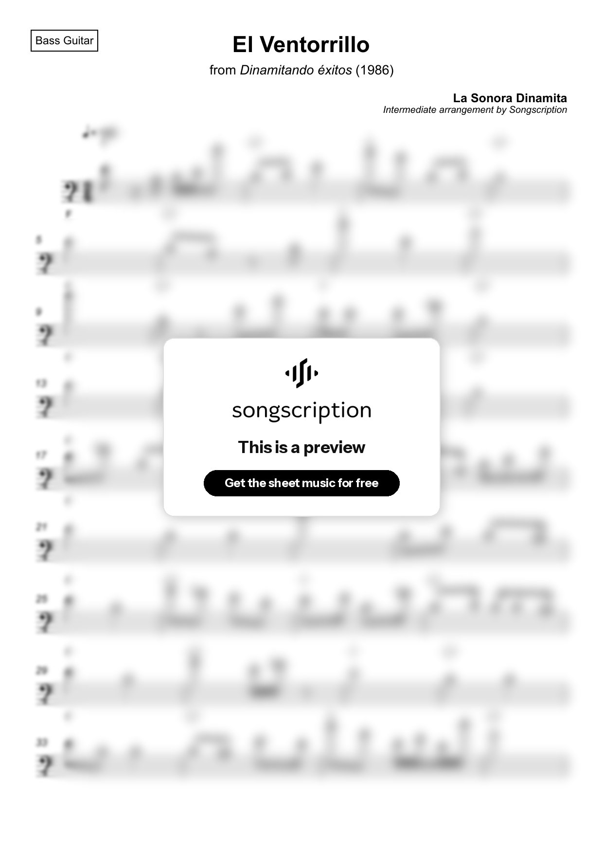 Intermediate Bass Guitar Sheet Music for "El Ventorrillo" by La Sonora Dinamita