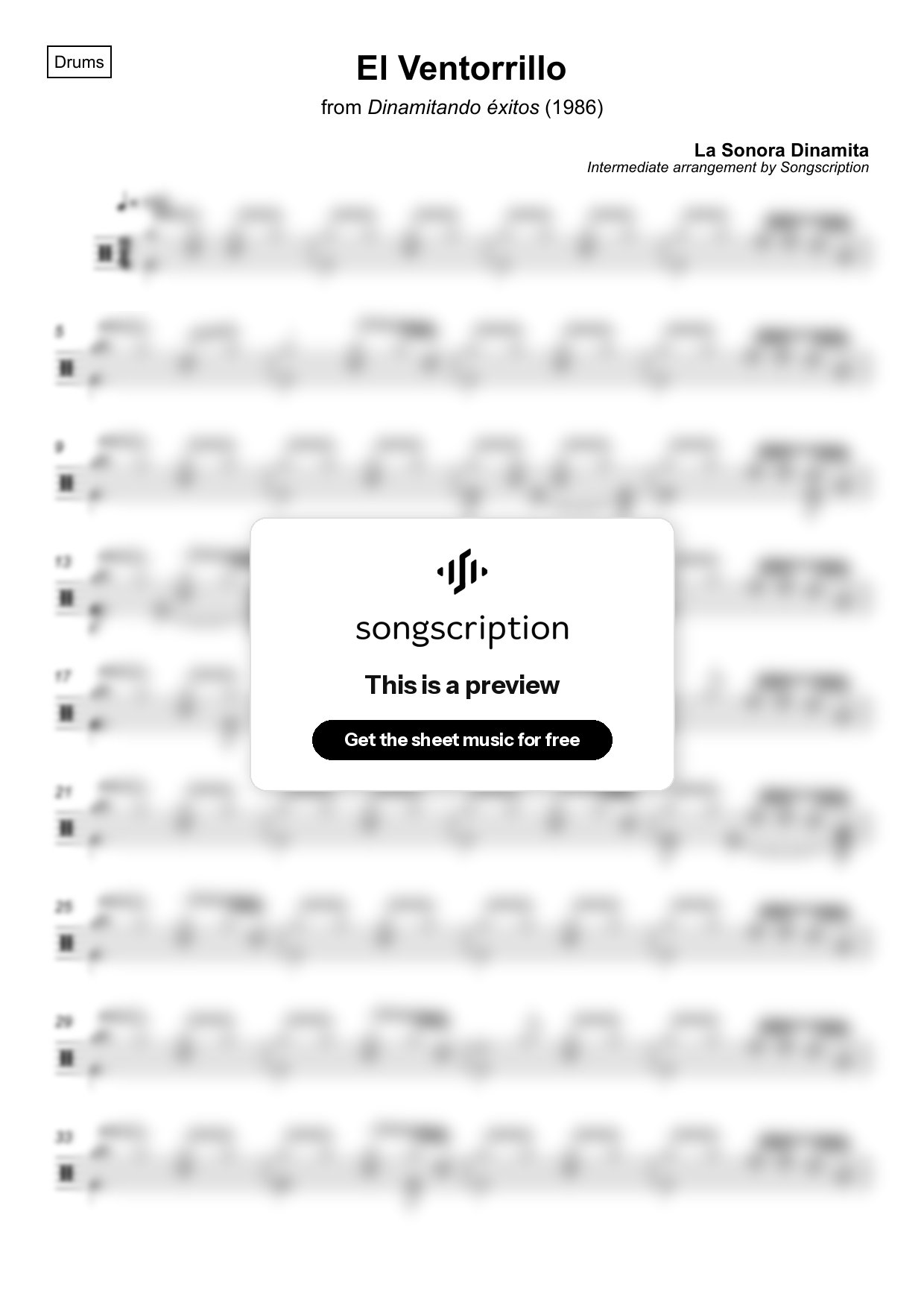 Intermediate Drums Sheet Music for "El Ventorrillo" by La Sonora Dinamita