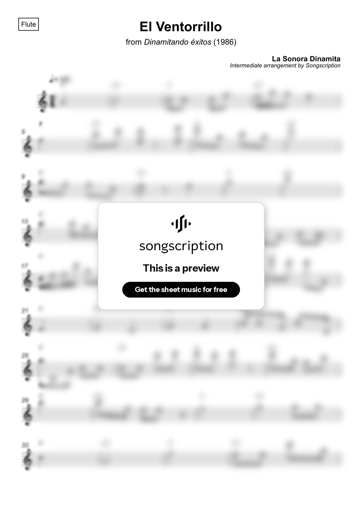Intermediate Flute Sheet Music for "El Ventorrillo" by La Sonora Dinamita