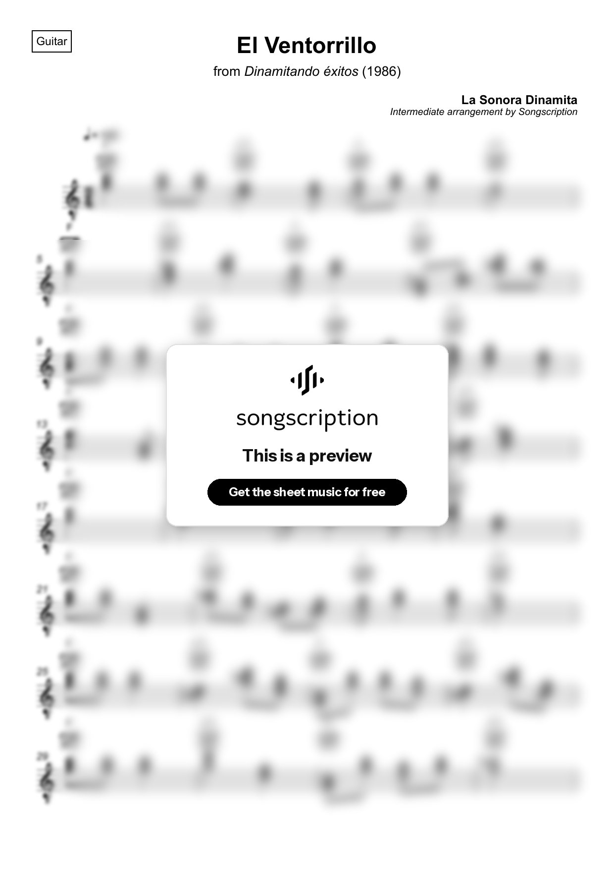 Intermediate Acoustic Guitar Sheet Music for "El Ventorrillo" by La Sonora Dinamita