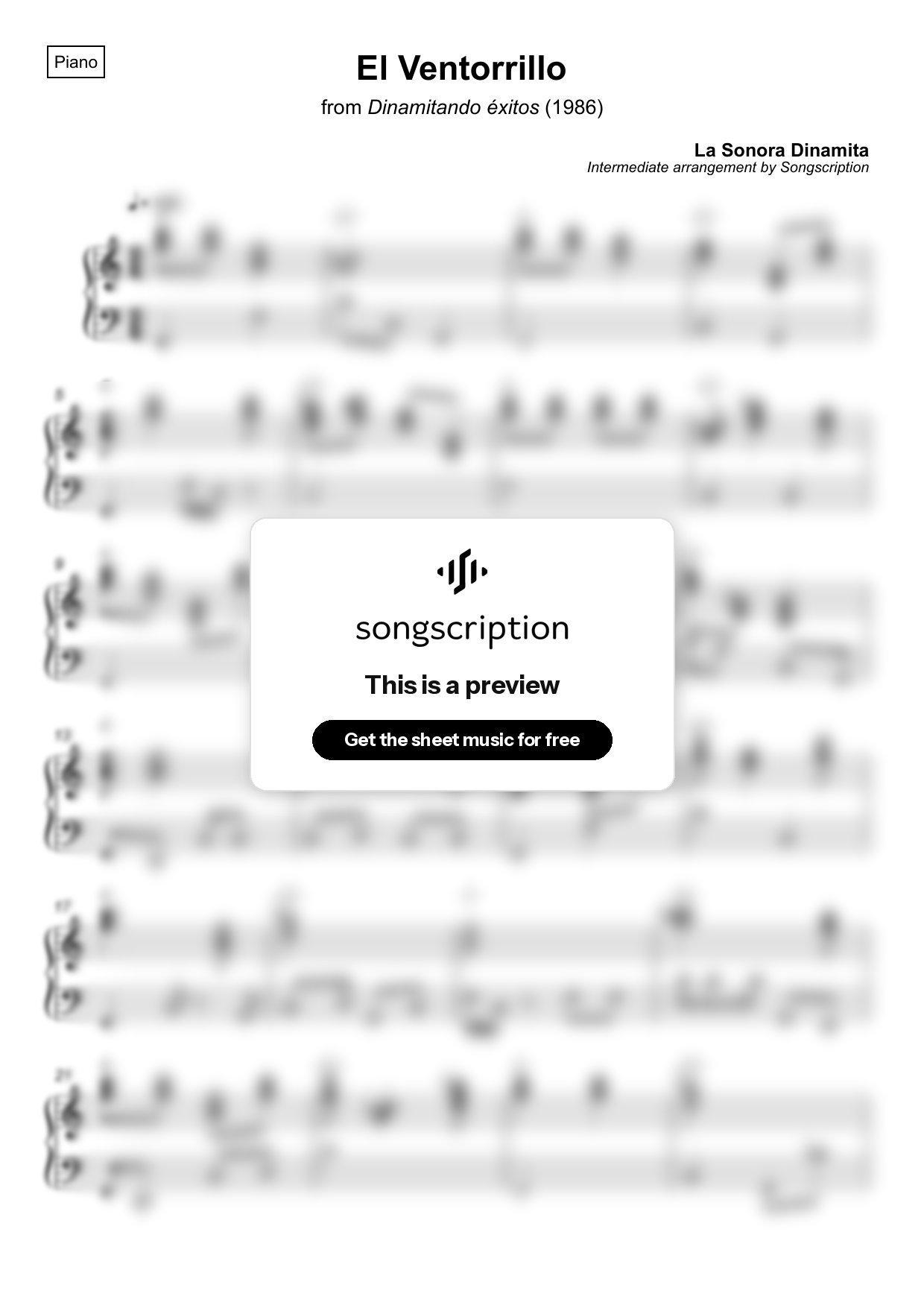 Intermediate Piano Sheet Music for "El Ventorrillo" by La Sonora Dinamita