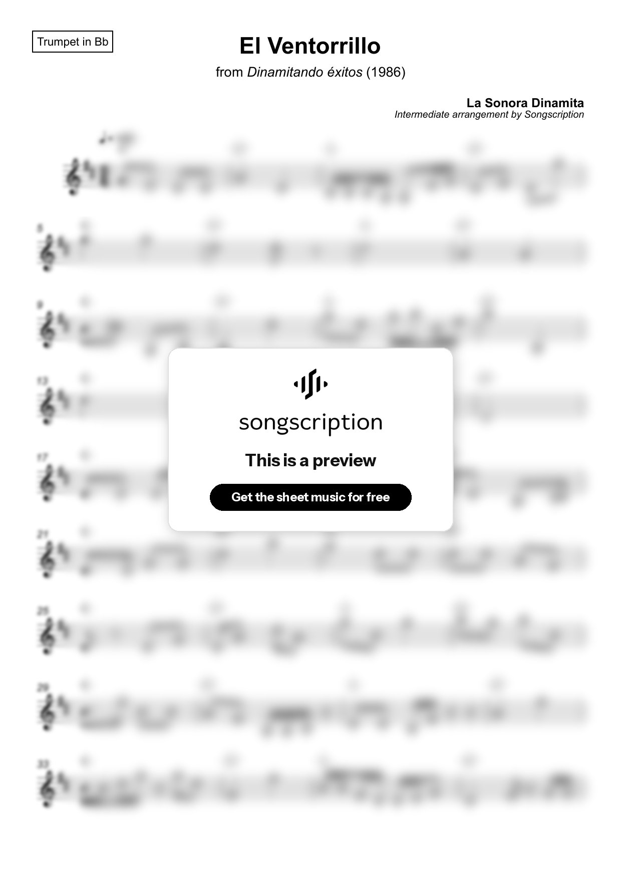 Intermediate Trumpet Sheet Music for "El Ventorrillo" by La Sonora Dinamita