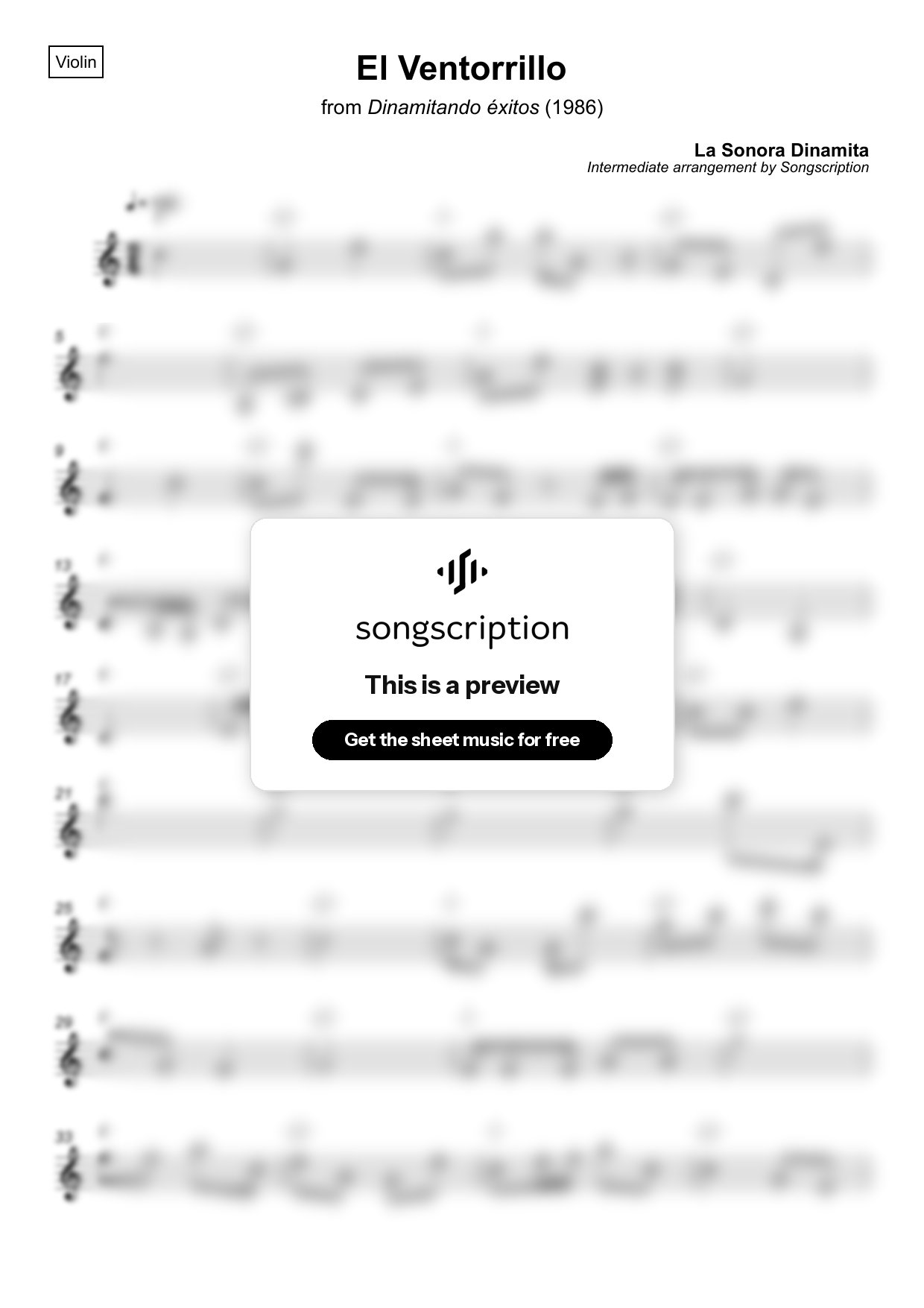 Intermediate Violin Sheet Music for "El Ventorrillo" by La Sonora Dinamita