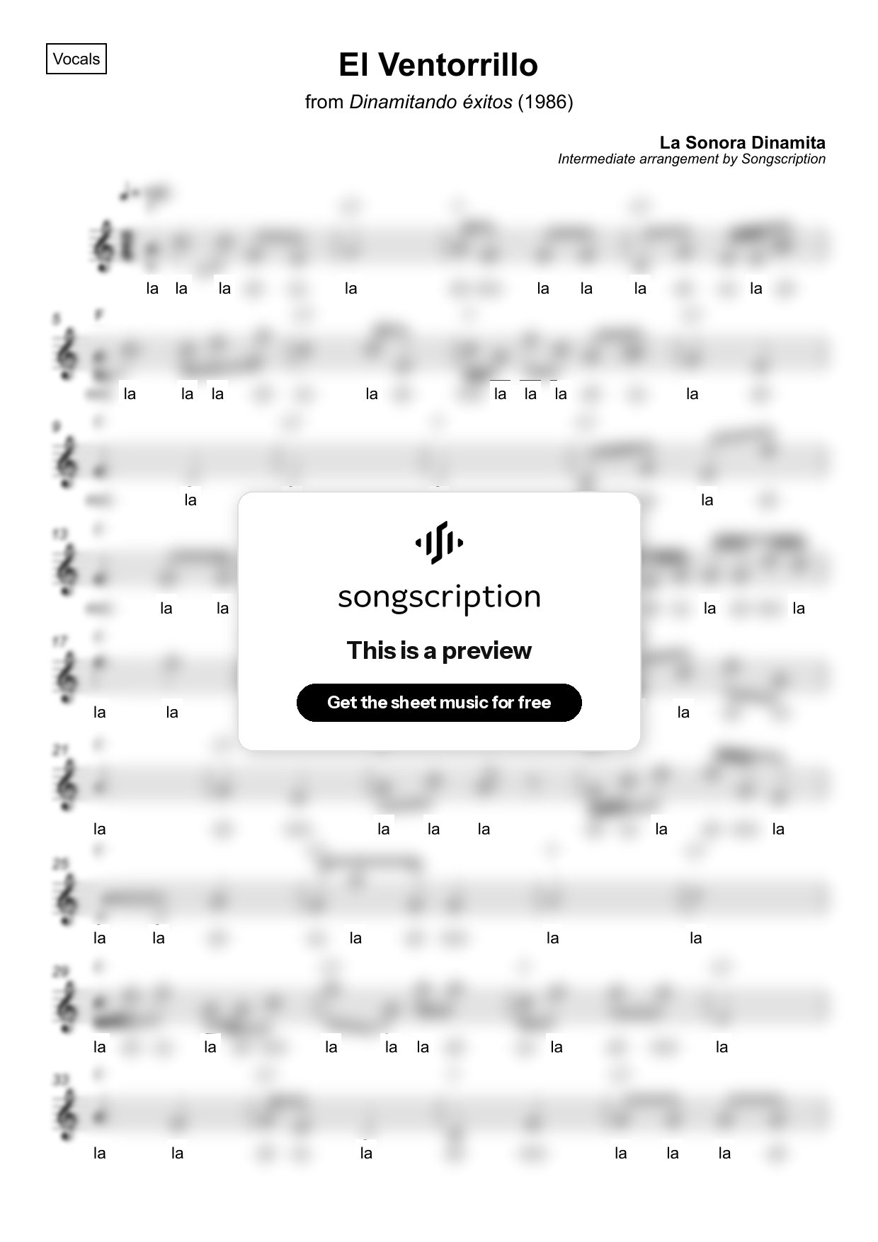 Intermediate Vocals Sheet Music for "El Ventorrillo" by La Sonora Dinamita