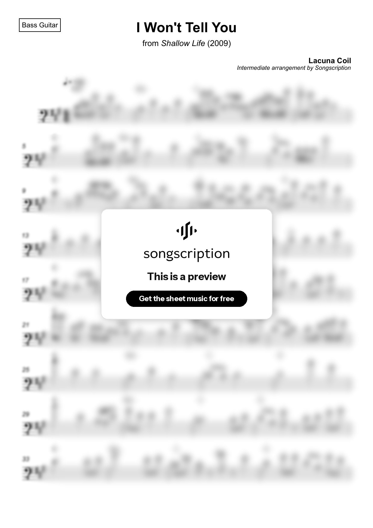 Intermediate Bass Guitar Sheet Music for "I Won't Tell You" by Lacuna Coil