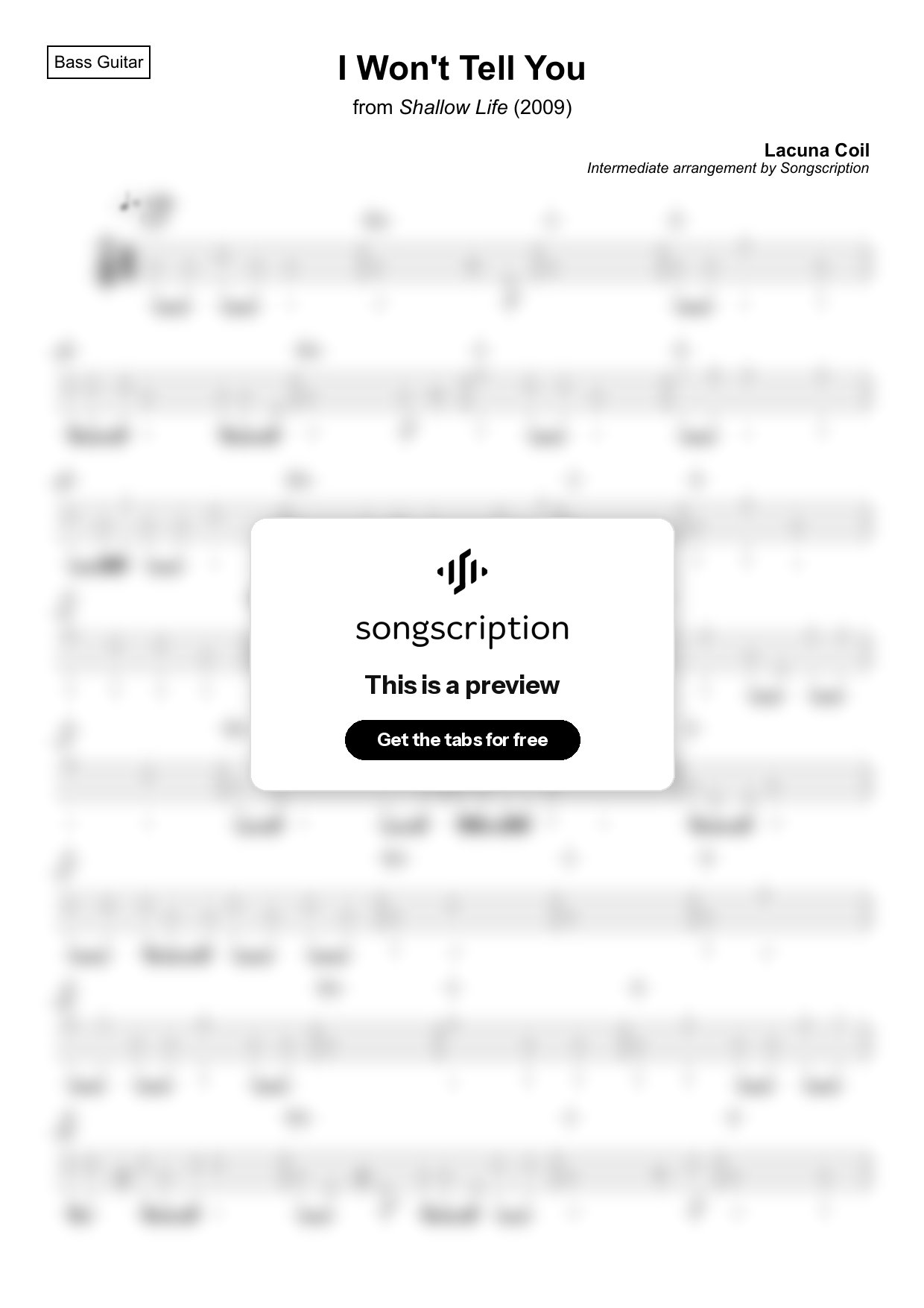 Intermediate Bass Guitar Tabs for "I Won't Tell You" by Lacuna Coil