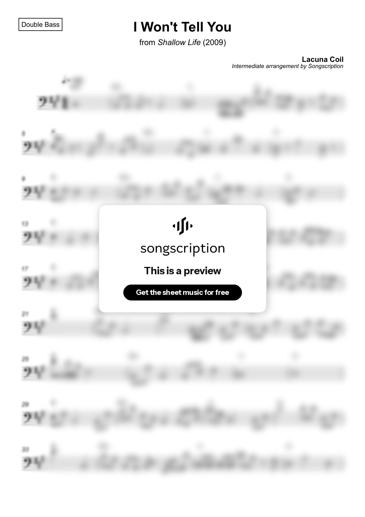 Intermediate Double Bass Sheet Music for "I Won't Tell You" by Lacuna Coil