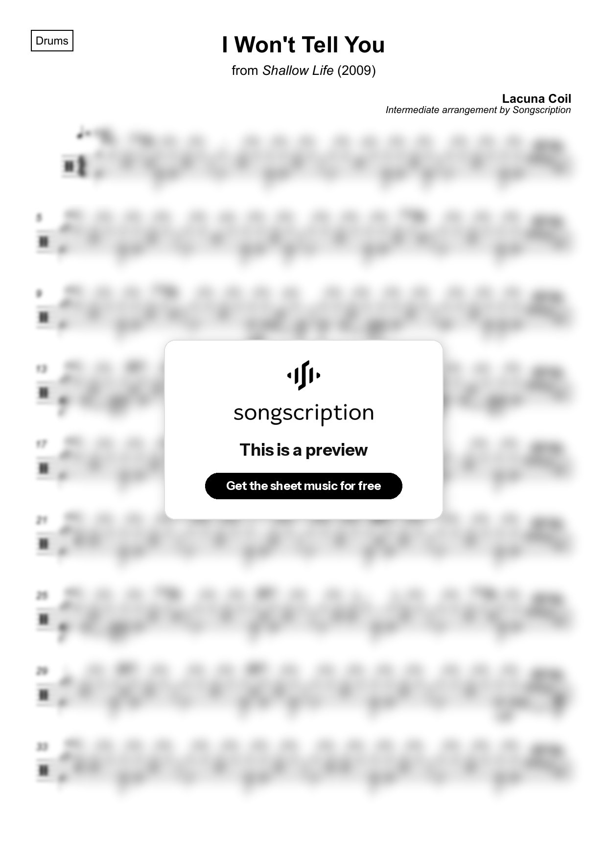 Intermediate Drums Sheet Music for "I Won't Tell You" by Lacuna Coil