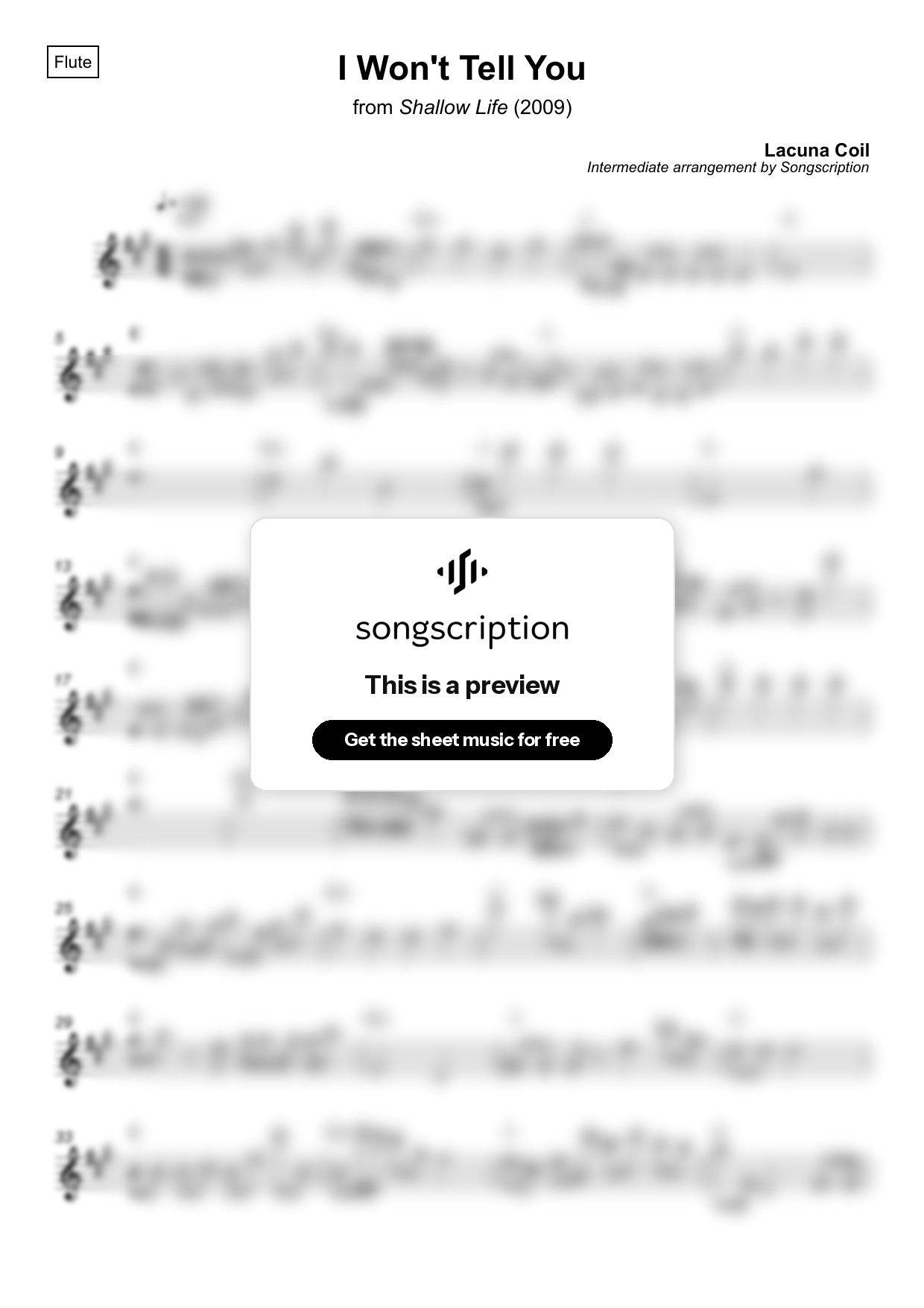 Intermediate Flute Sheet Music for "I Won't Tell You" by Lacuna Coil