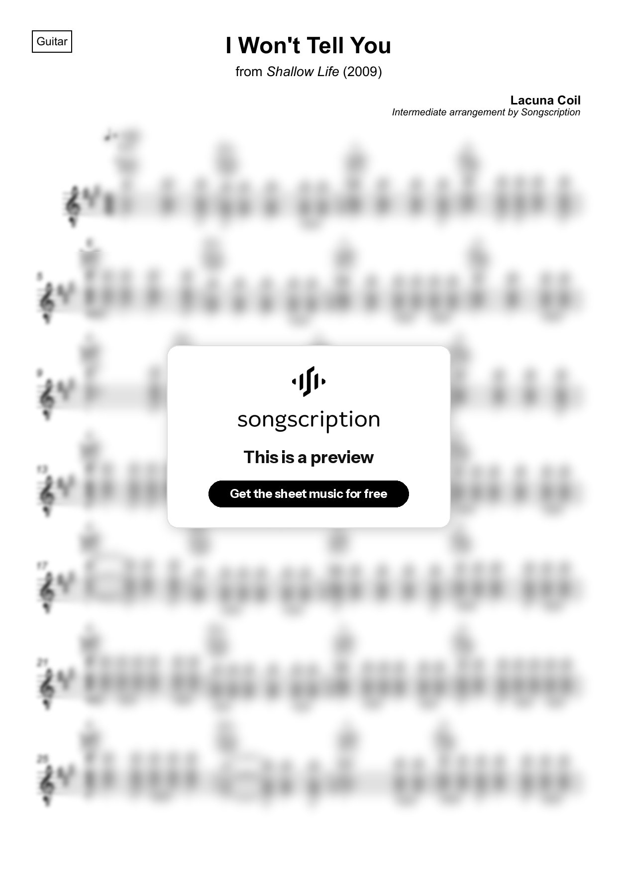 Intermediate Acoustic Guitar Sheet Music for "I Won't Tell You" by Lacuna Coil