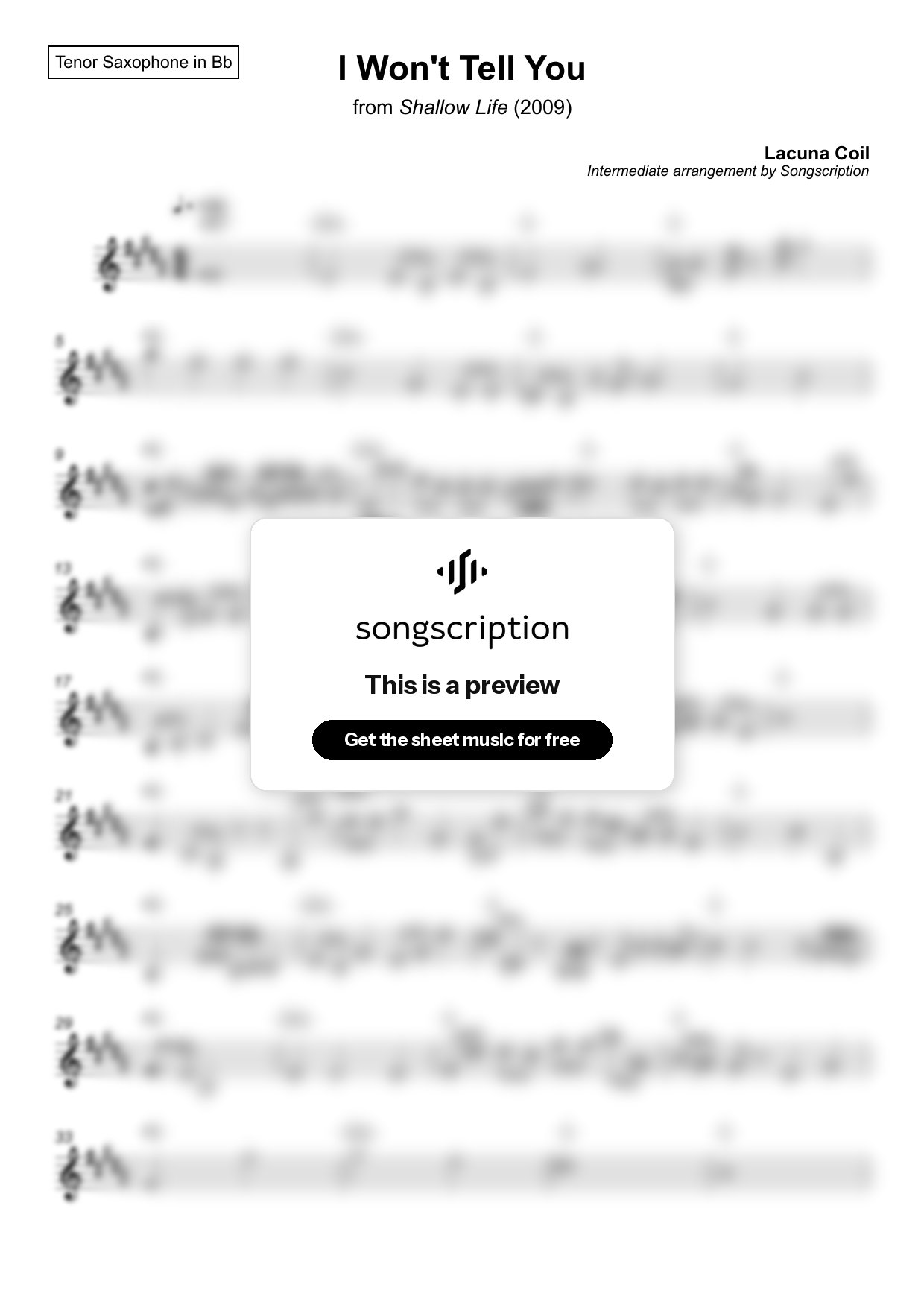 Intermediate Tenor Sax Sheet Music for "I Won't Tell You" by Lacuna Coil
