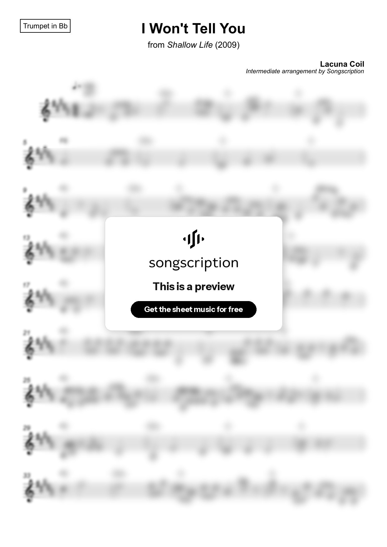 Intermediate Trumpet Sheet Music for "I Won't Tell You" by Lacuna Coil