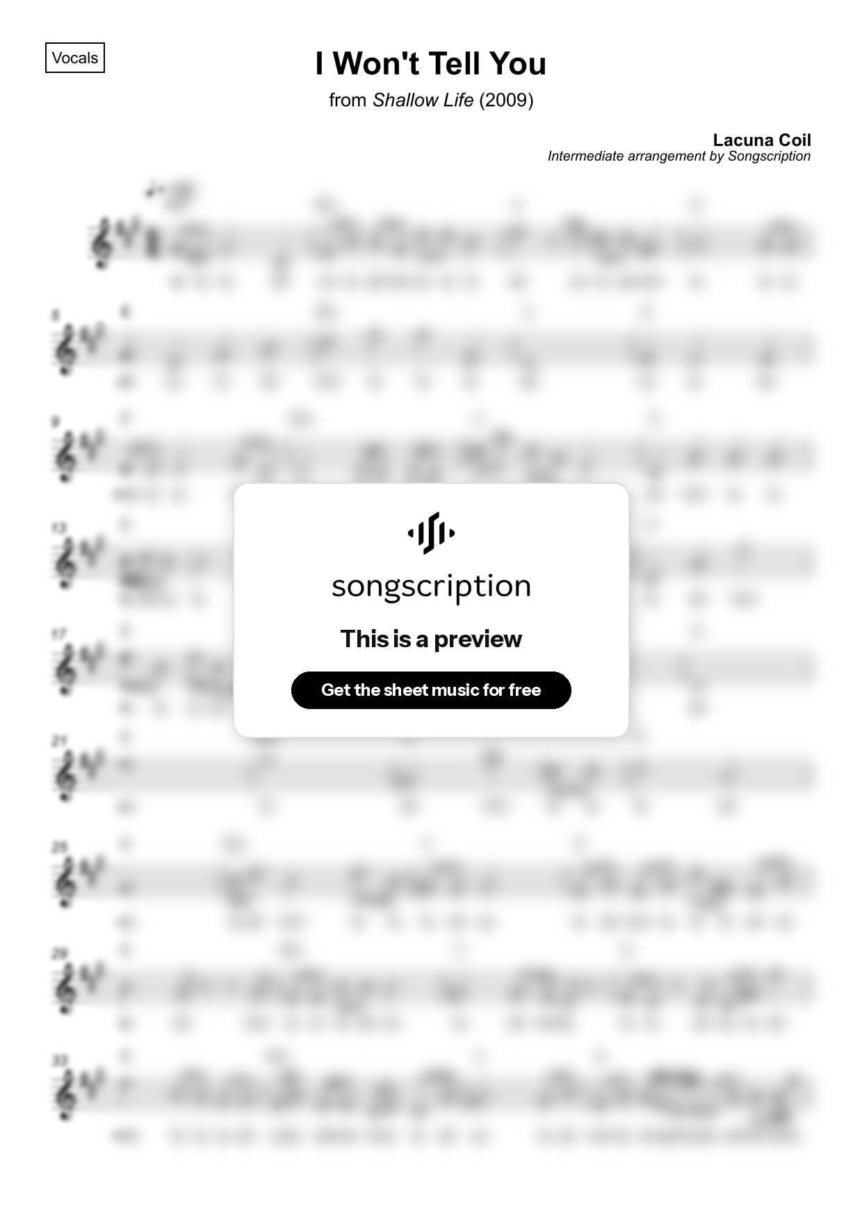 Intermediate Vocals Sheet Music for "I Won't Tell You" by Lacuna Coil