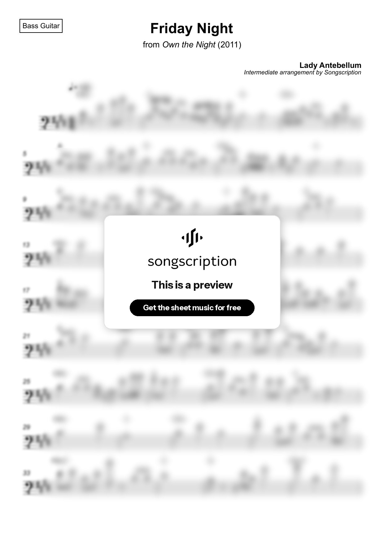 Intermediate Bass Guitar Sheet Music for "Friday Night" by Lady Antebellum