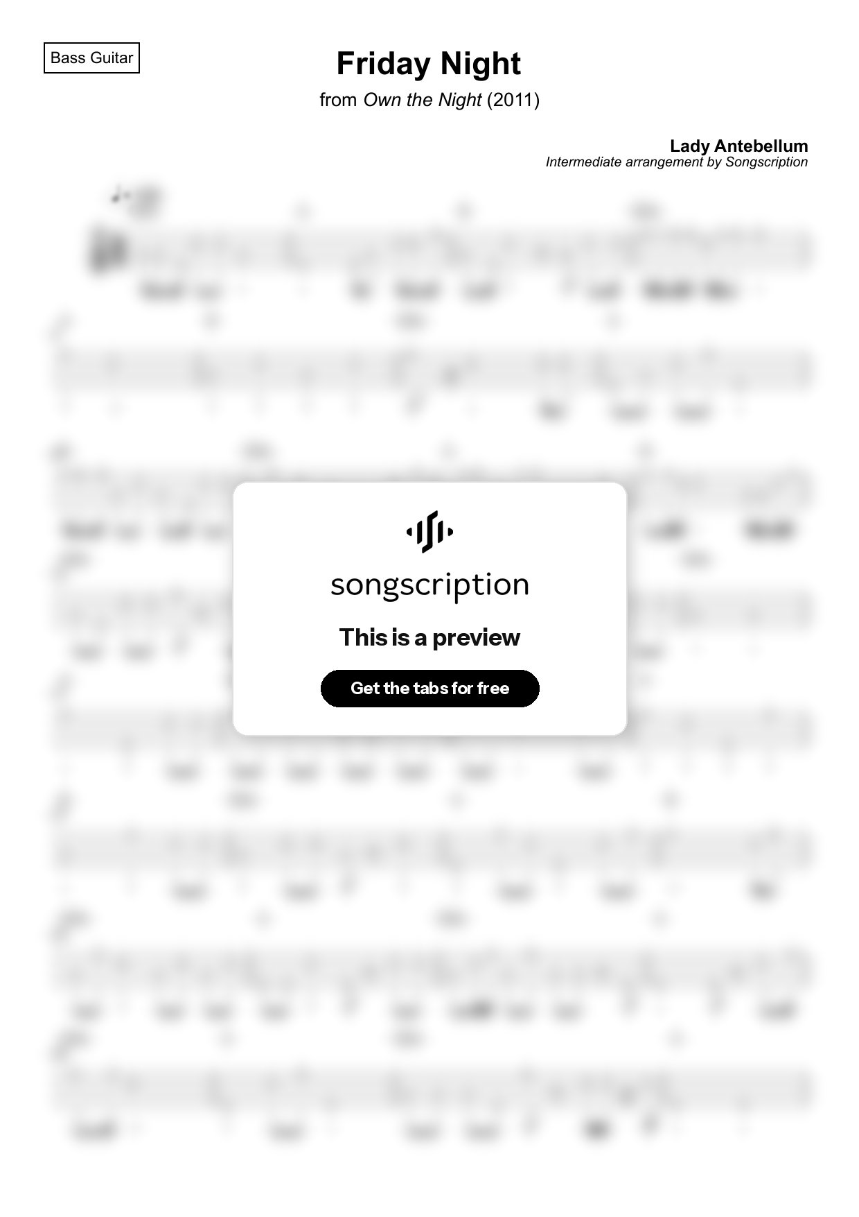 Intermediate Bass Guitar Tabs for "Friday Night" by Lady Antebellum