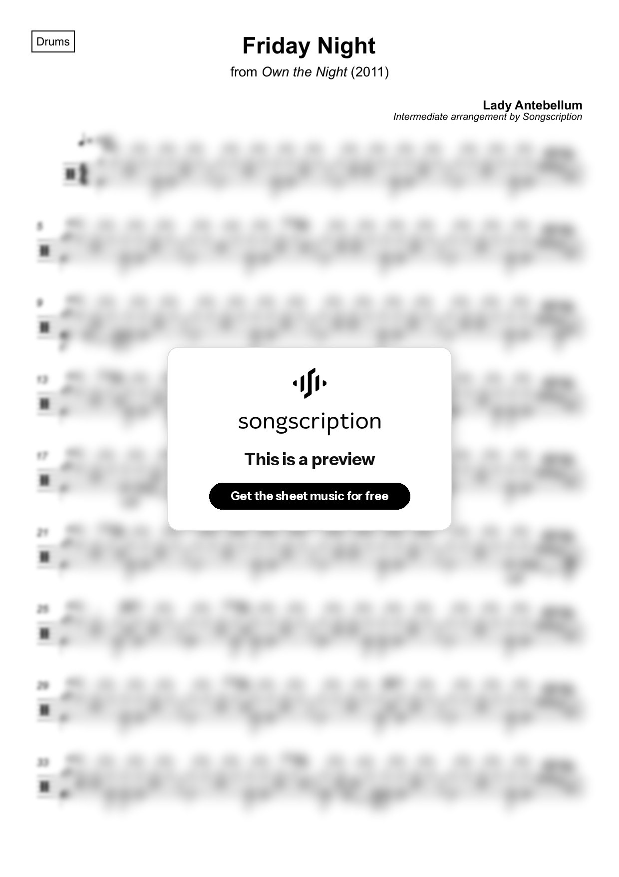 Intermediate Drums Sheet Music for "Friday Night" by Lady Antebellum