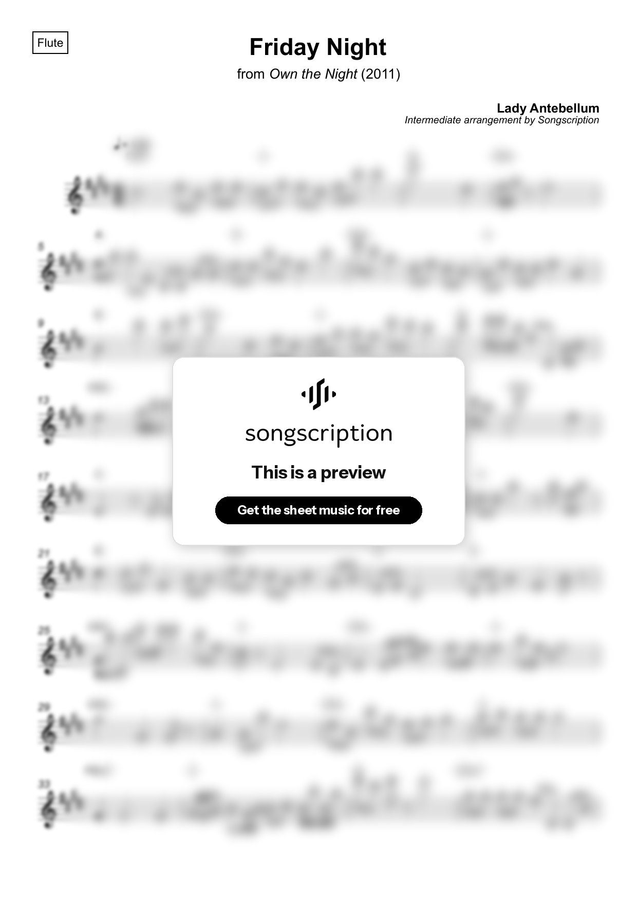 Intermediate Flute Sheet Music for "Friday Night" by Lady Antebellum