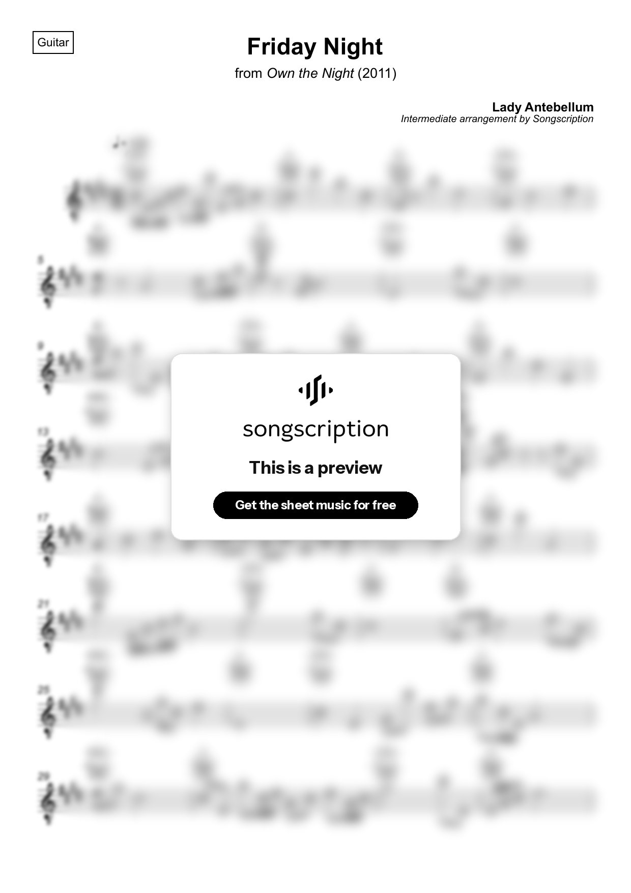 Intermediate Acoustic Guitar Sheet Music for "Friday Night" by Lady Antebellum