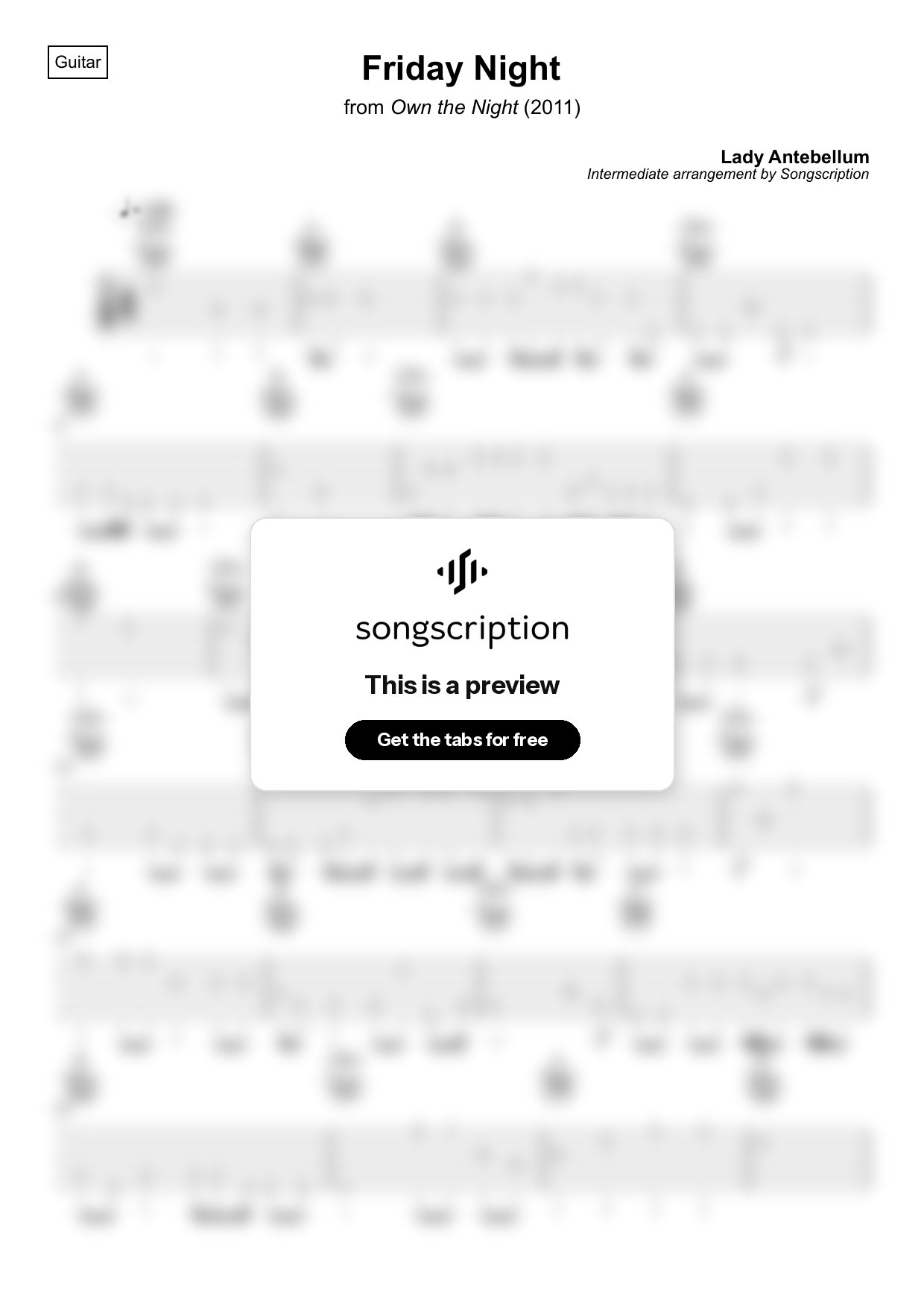 Intermediate Acoustic Guitar Tabs for "Friday Night" by Lady Antebellum