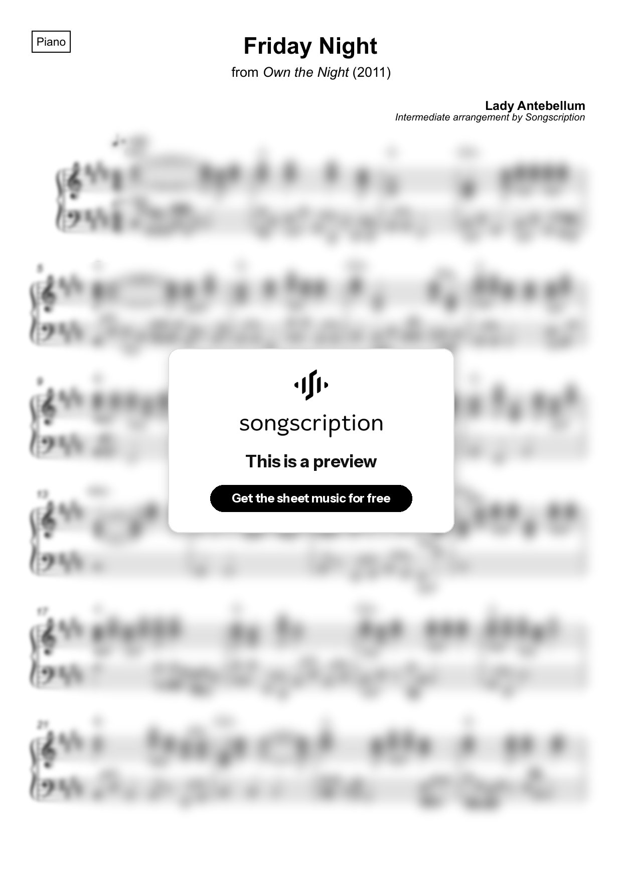 Intermediate Piano Sheet Music for "Friday Night" by Lady Antebellum