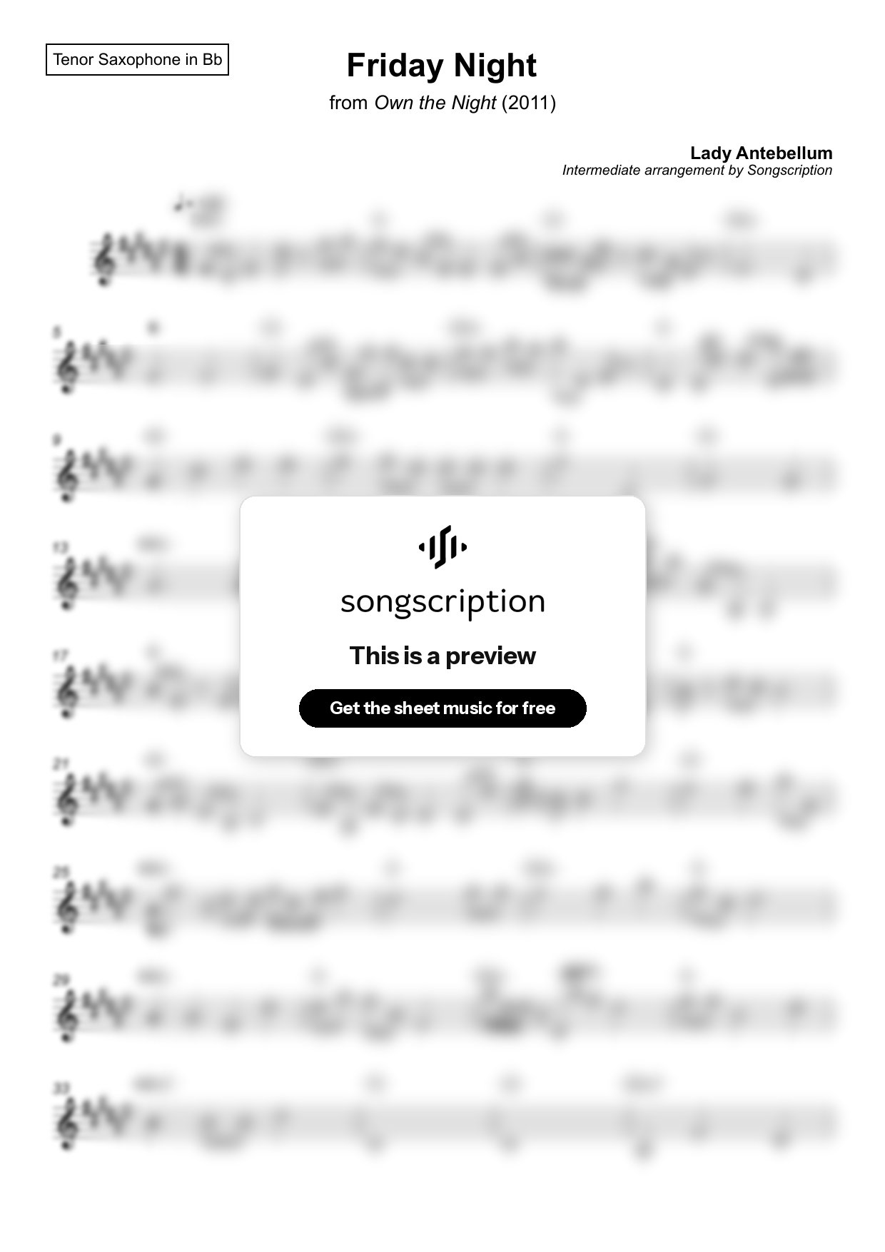 Intermediate Tenor Sax Sheet Music for "Friday Night" by Lady Antebellum