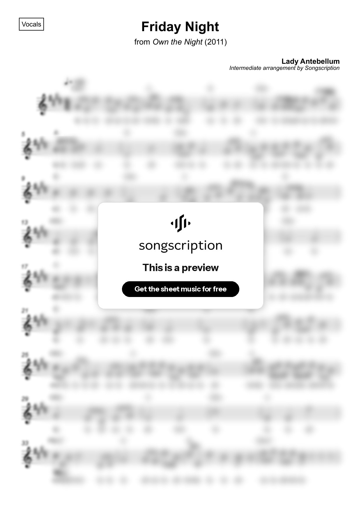 Intermediate Vocals Sheet Music for "Friday Night" by Lady Antebellum