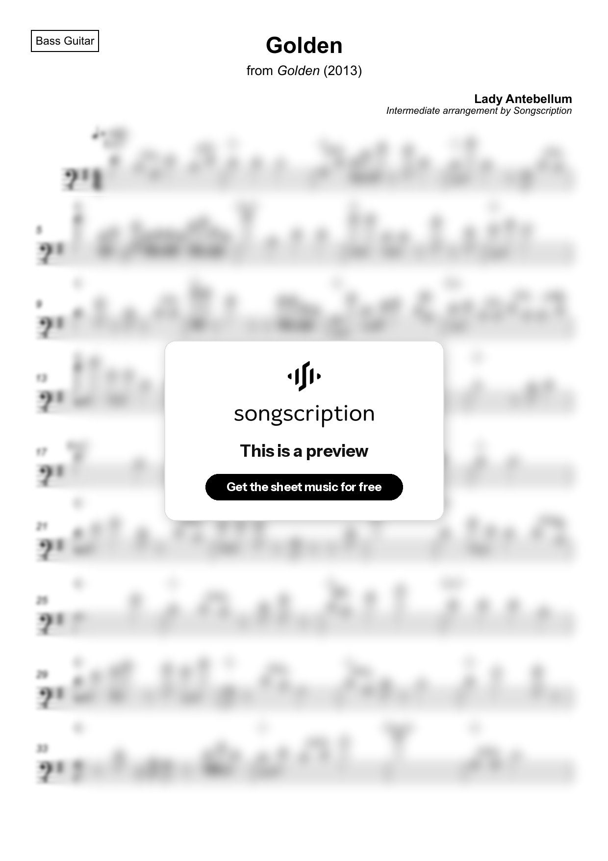 Intermediate Bass Guitar Sheet Music for "Golden" by Lady Antebellum