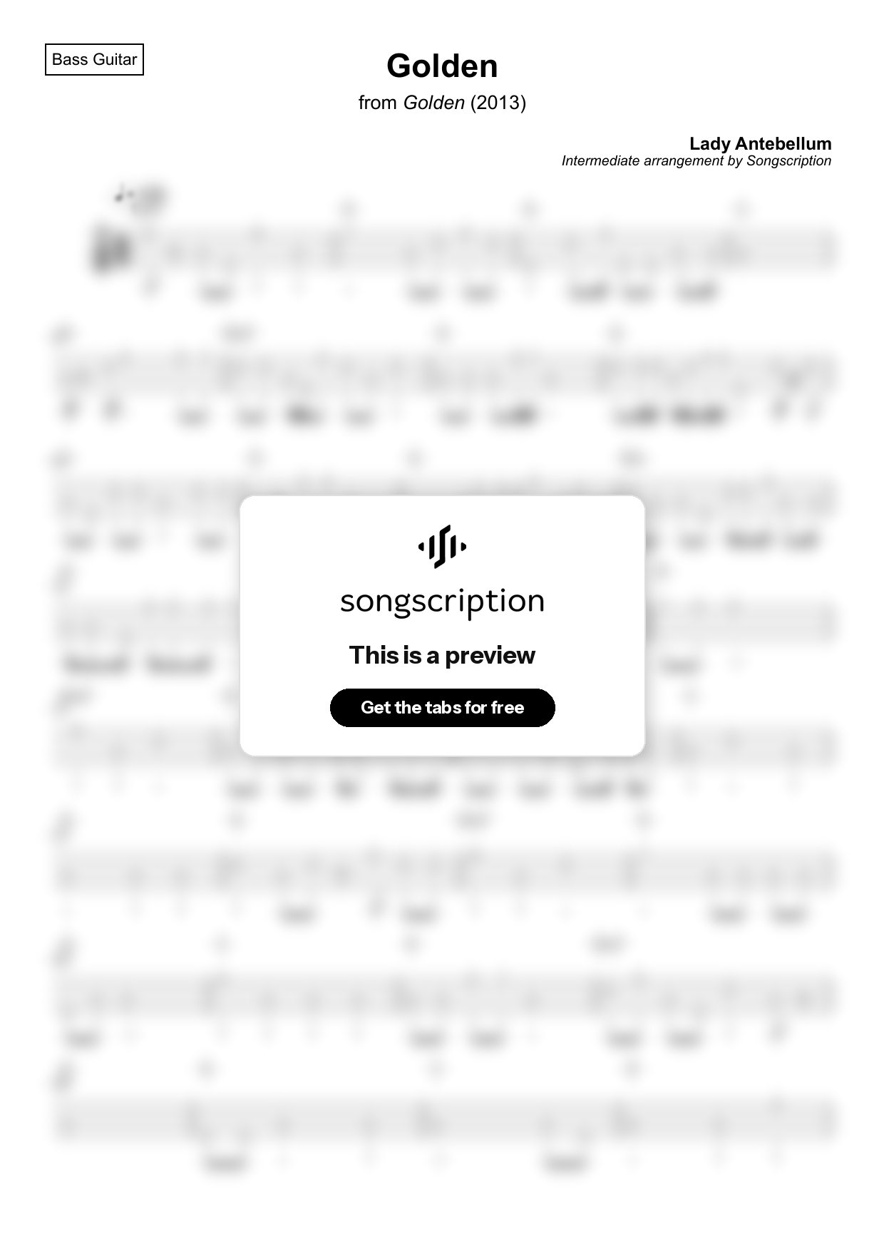 Intermediate Bass Guitar Tabs for "Golden" by Lady Antebellum
