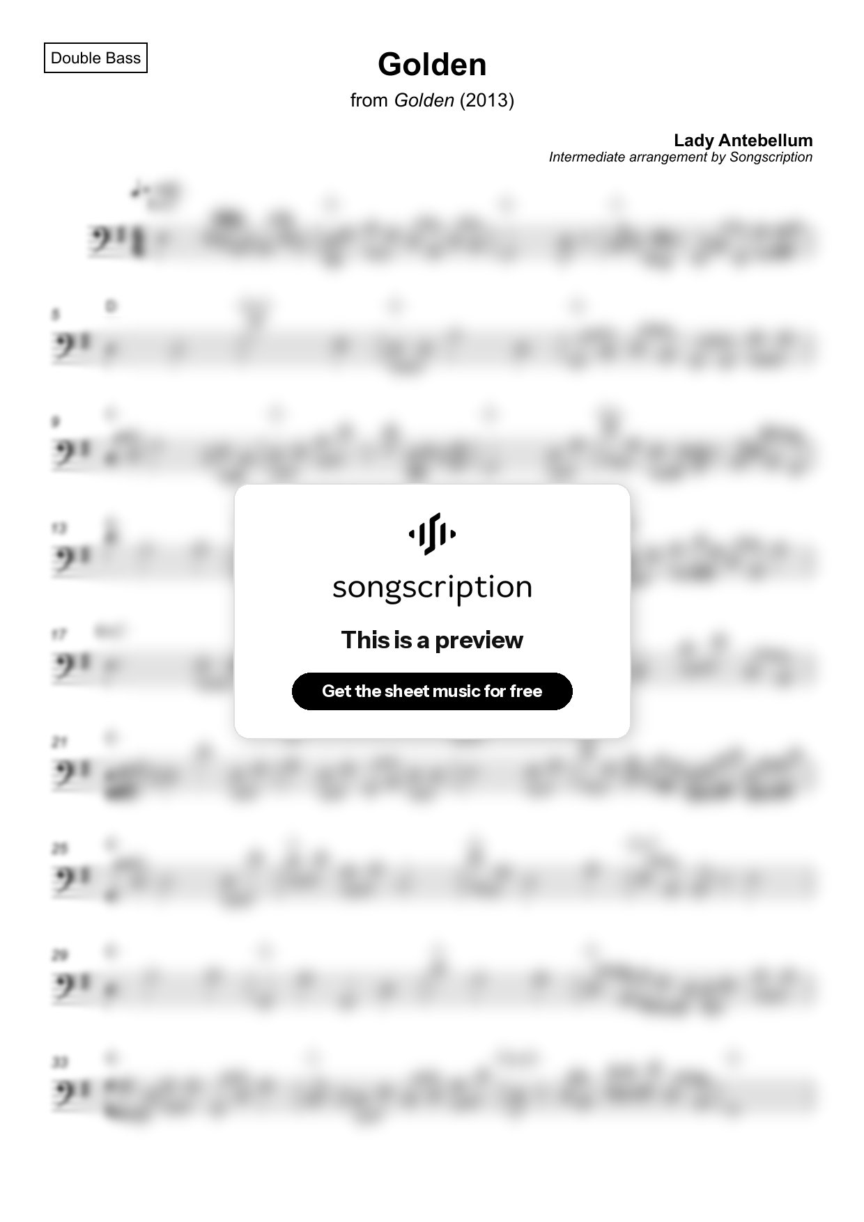Intermediate Double Bass Sheet Music for "Golden" by Lady Antebellum