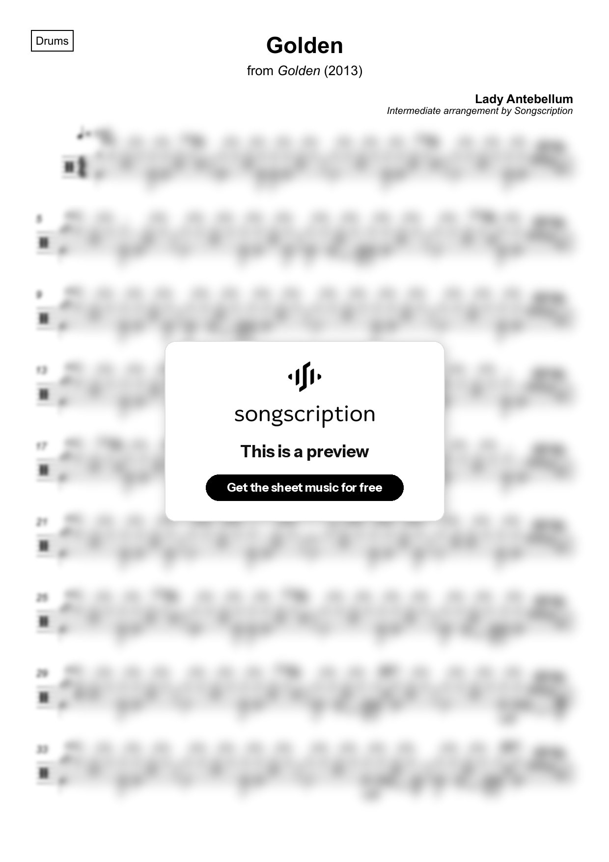 Intermediate Drums Sheet Music for "Golden" by Lady Antebellum