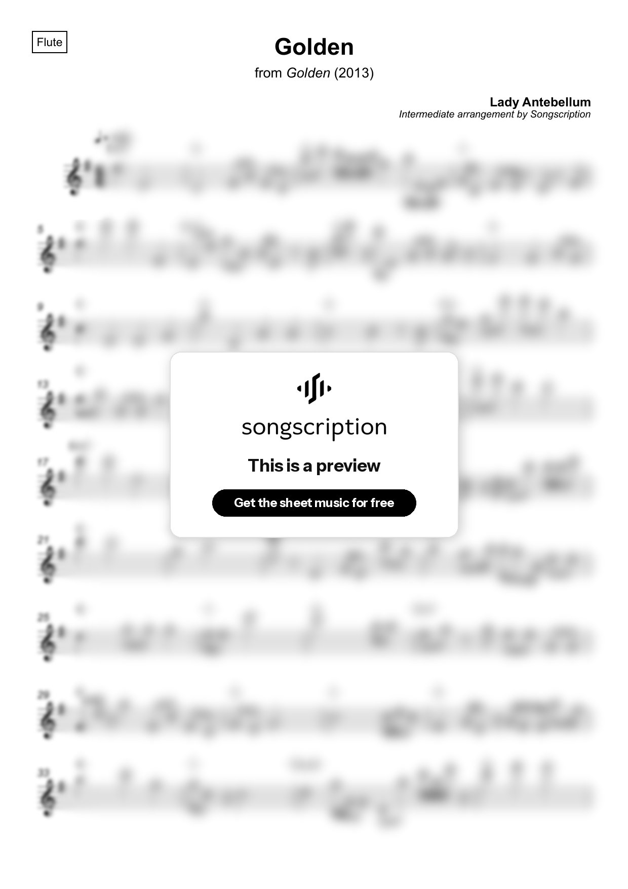 Intermediate Flute Sheet Music for "Golden" by Lady Antebellum