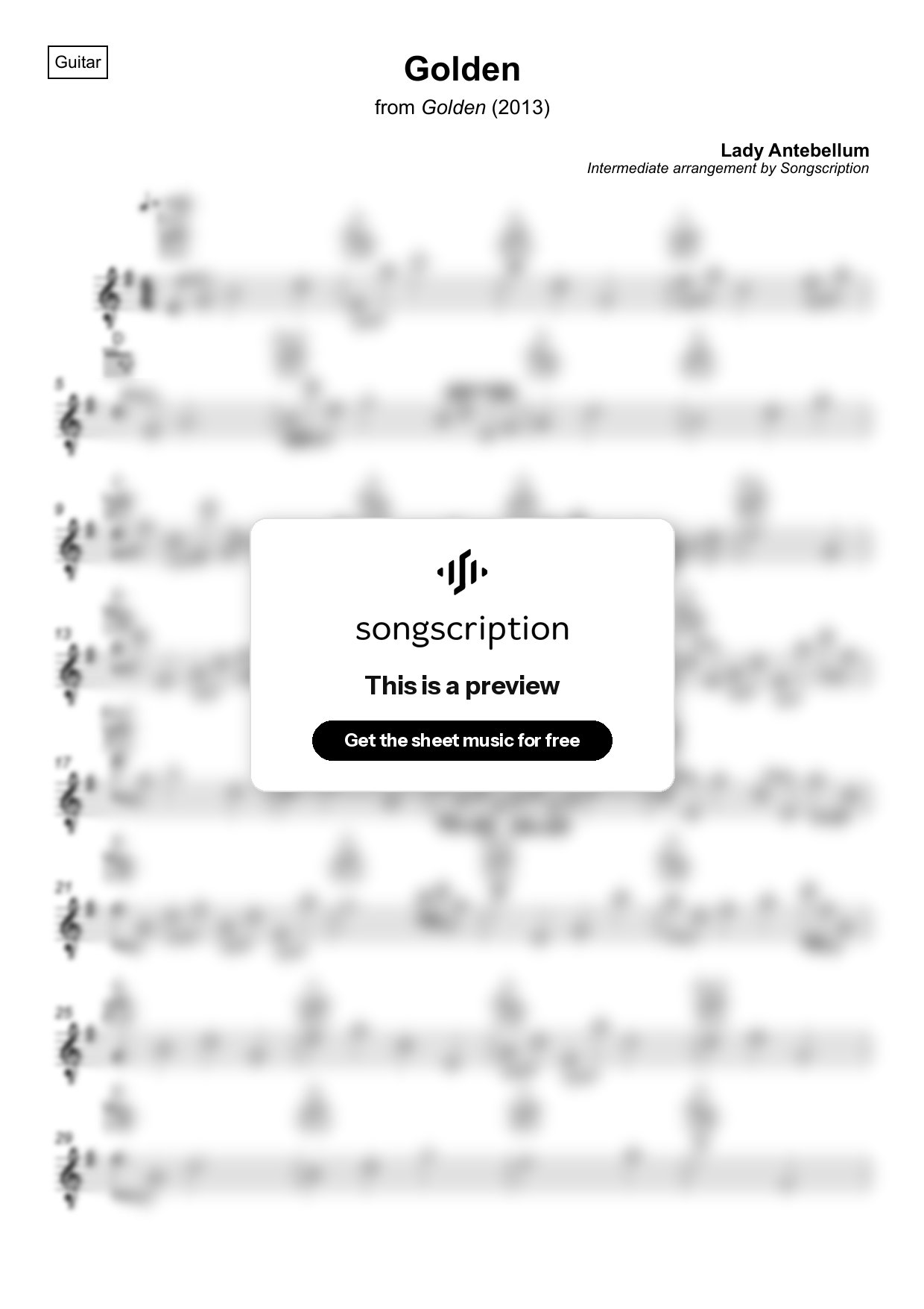 Intermediate Acoustic Guitar Sheet Music for "Golden" by Lady Antebellum