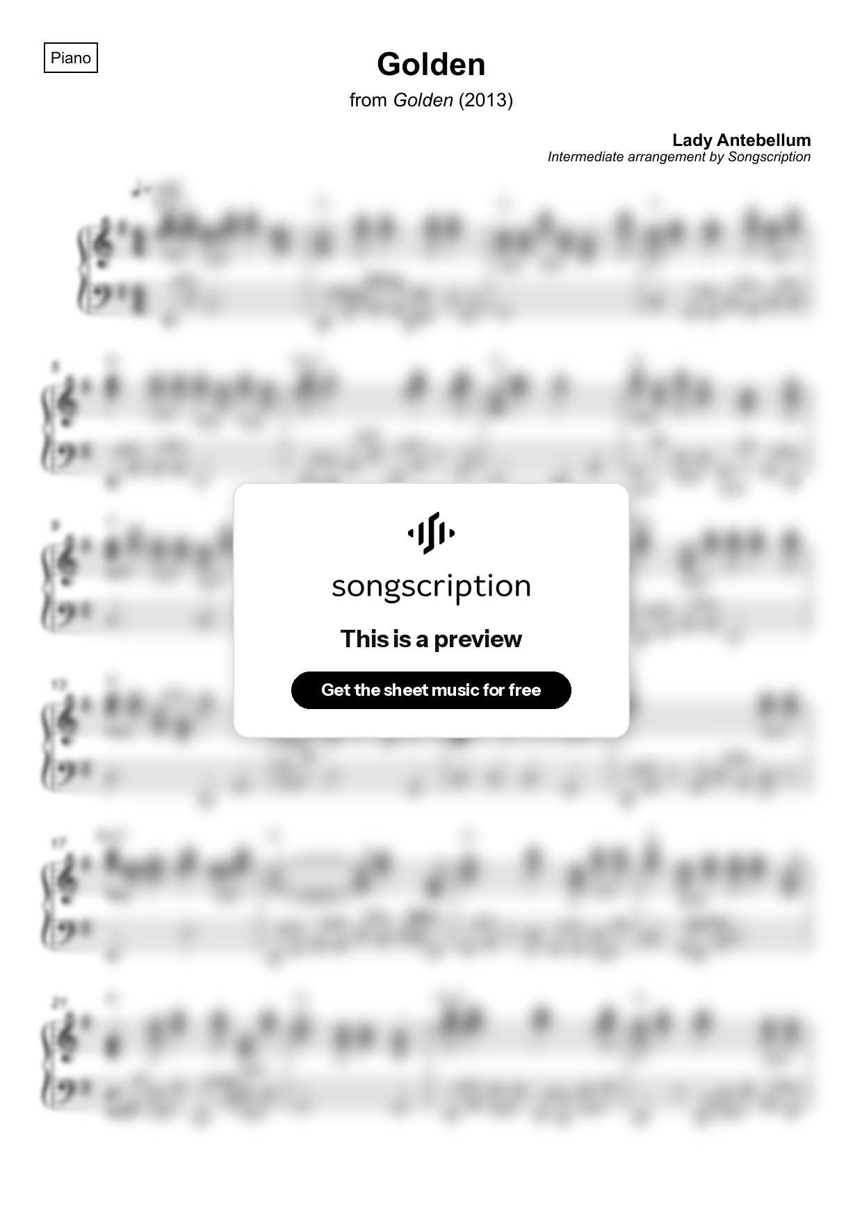 Intermediate Piano Sheet Music for "Golden" by Lady Antebellum