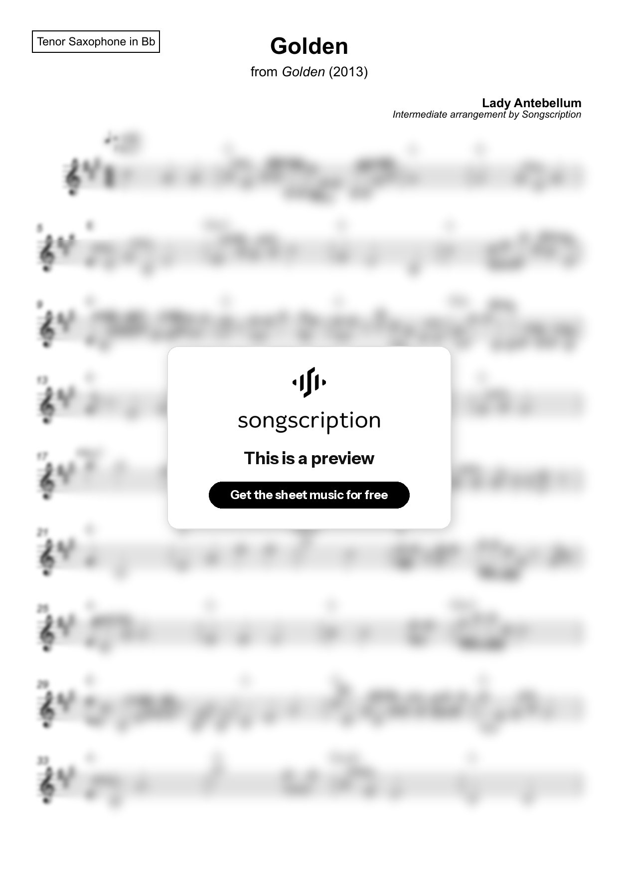 Intermediate Tenor Sax Sheet Music for "Golden" by Lady Antebellum