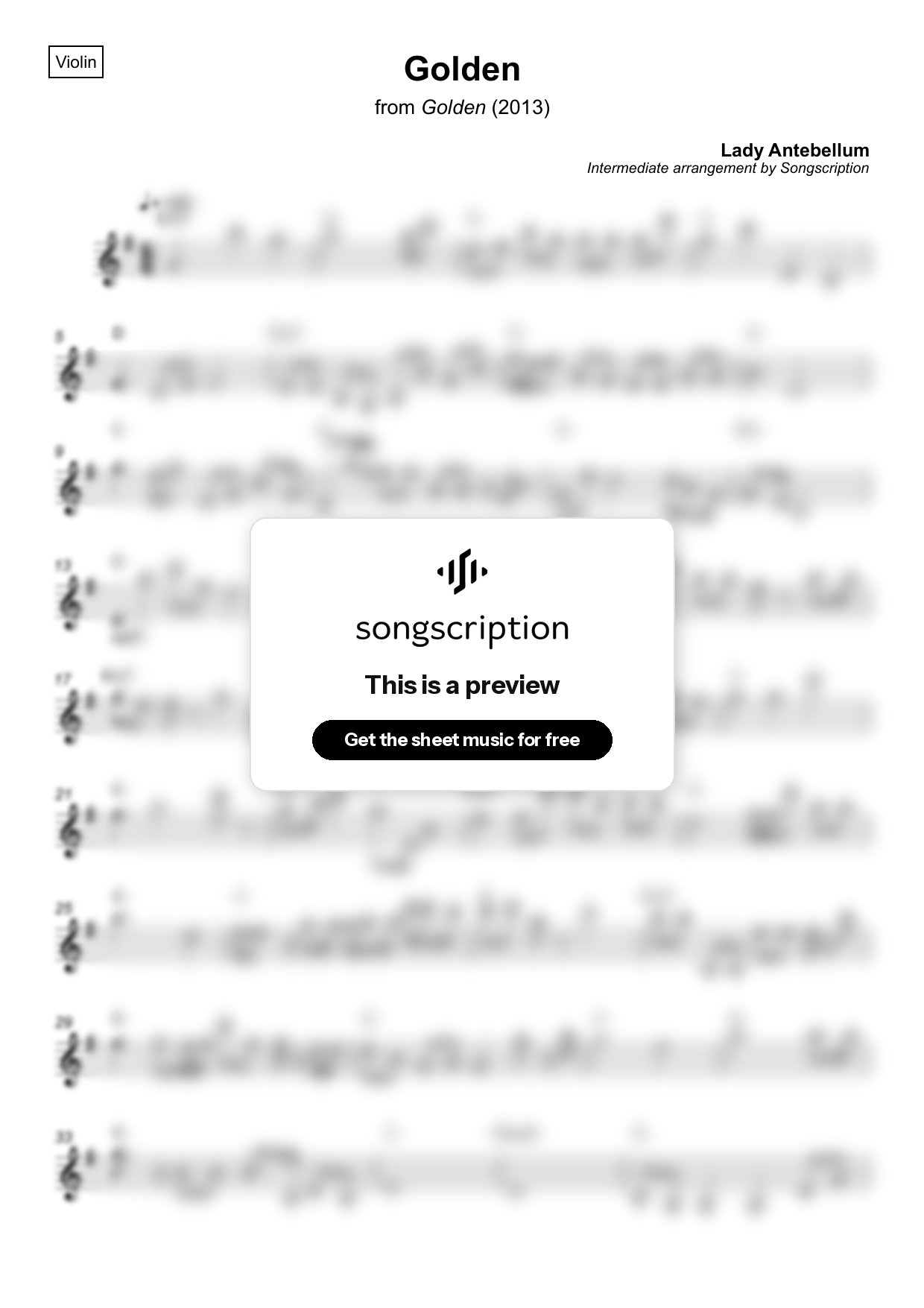 Intermediate Violin Sheet Music for "Golden" by Lady Antebellum