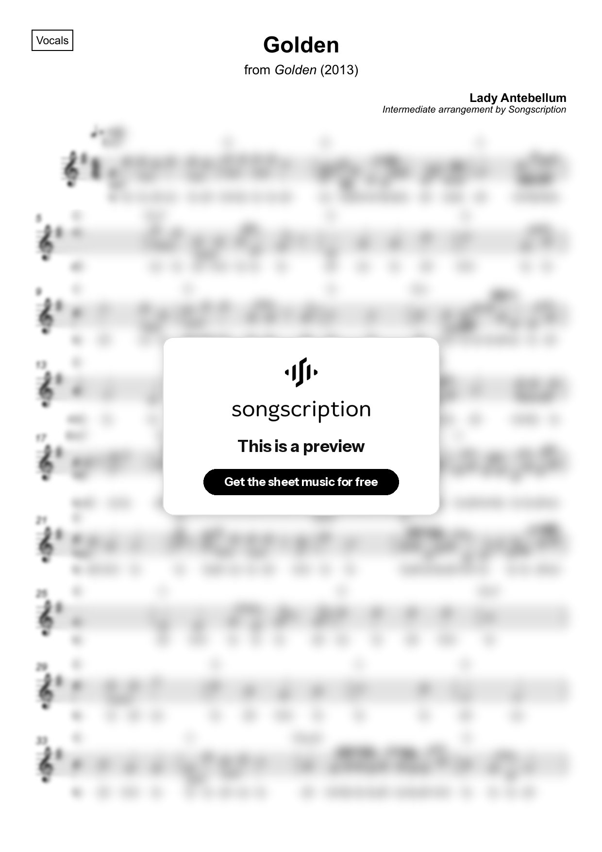 Intermediate Vocals Sheet Music for "Golden" by Lady Antebellum