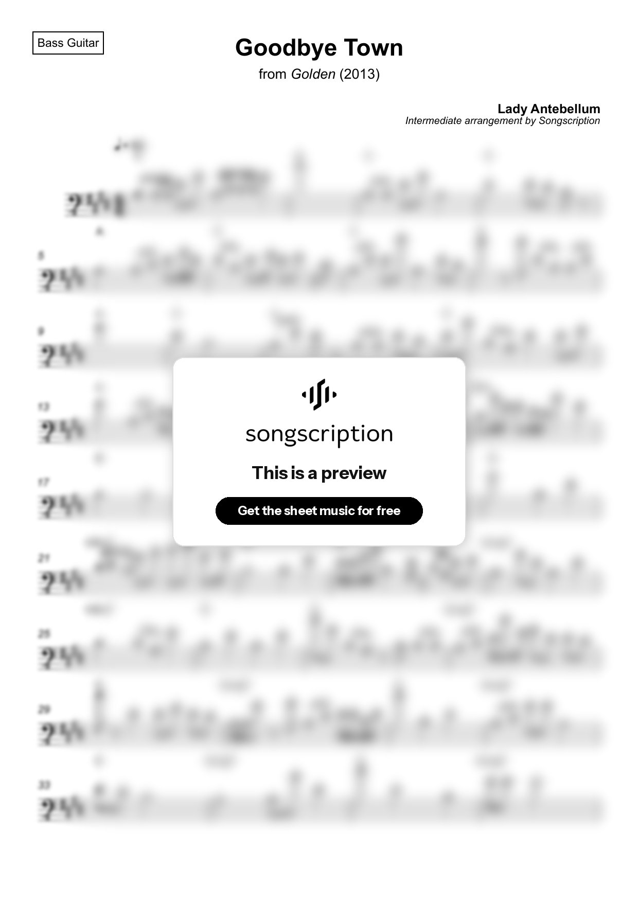Intermediate Bass Guitar Sheet Music for "Goodbye Town" by Lady Antebellum