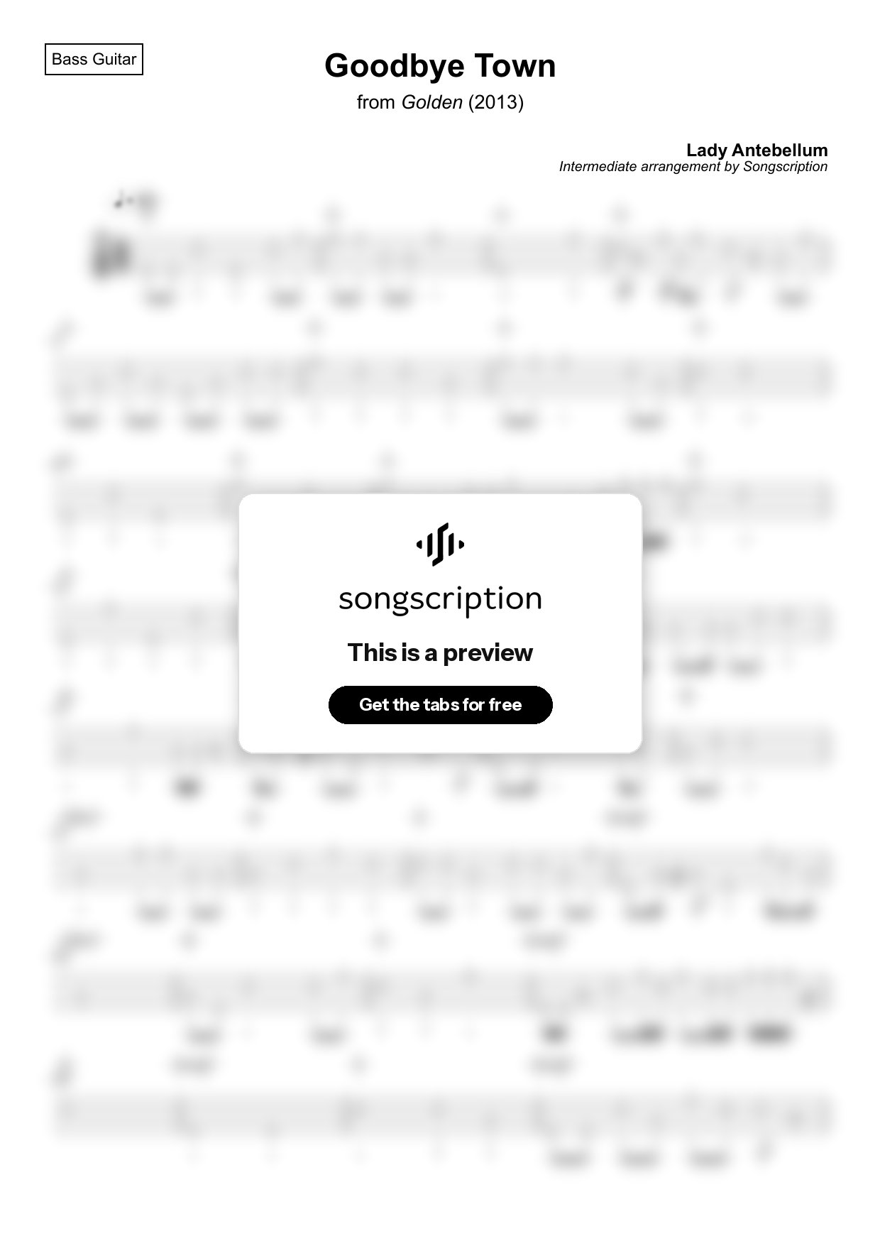 Intermediate Bass Guitar Tabs for "Goodbye Town" by Lady Antebellum