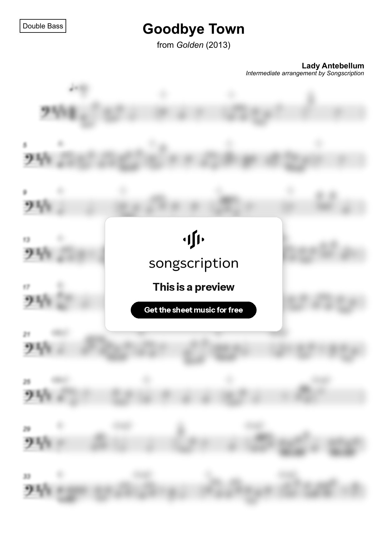 Intermediate Double Bass Sheet Music for "Goodbye Town" by Lady Antebellum