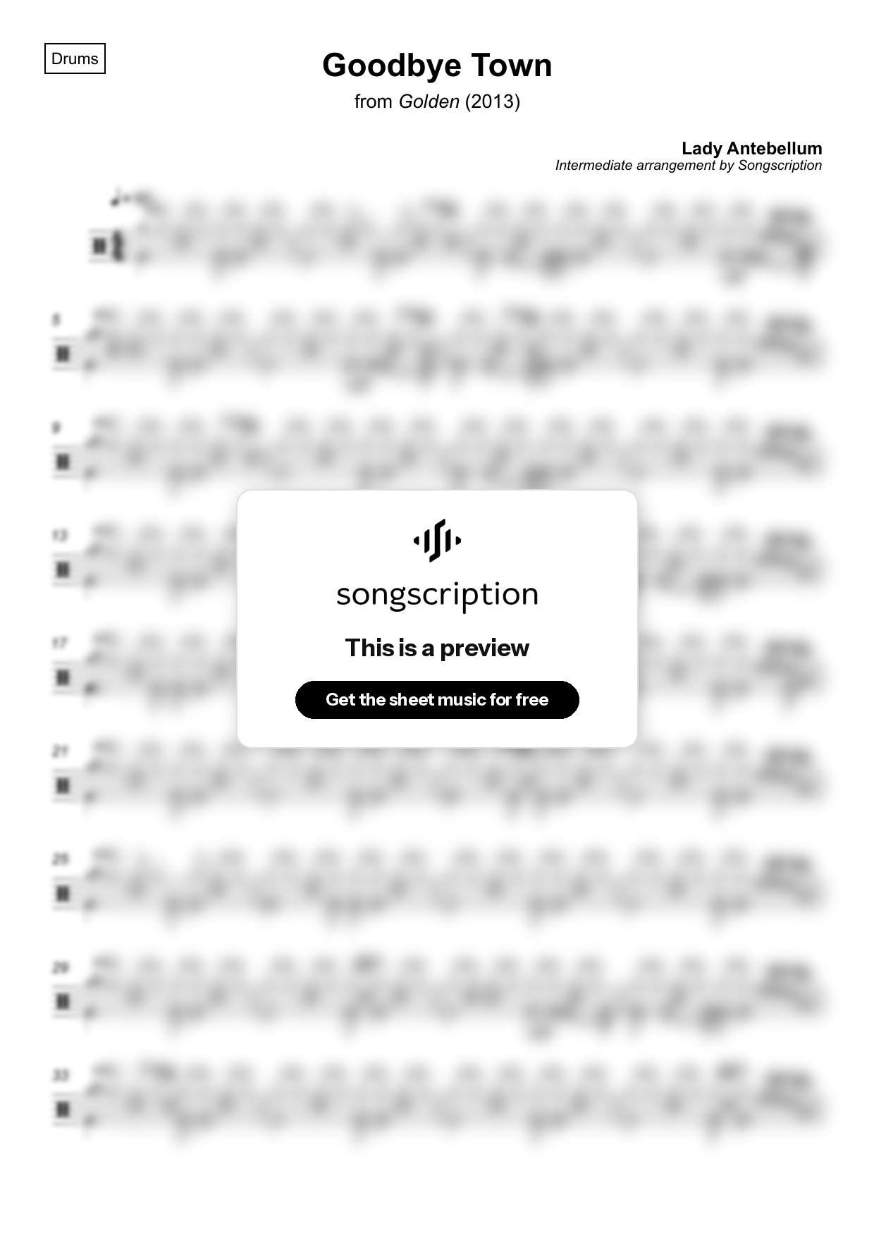 Intermediate Drums Sheet Music for "Goodbye Town" by Lady Antebellum